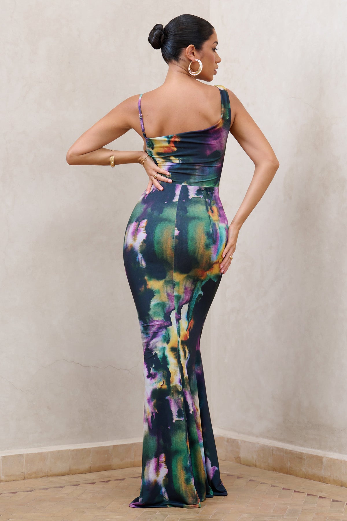 Phantasy Watercolour Print Asymmetric Neckline Cowl Maxi Dress – Club L ...