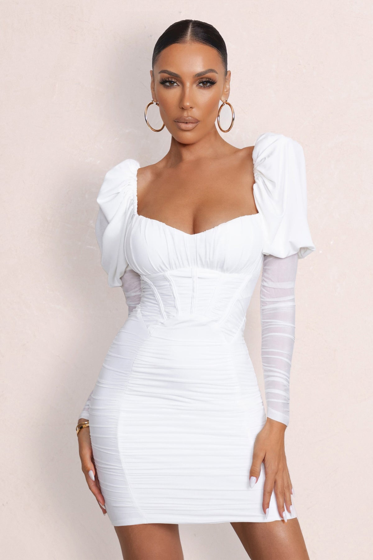 Reminiscent White Puff Sleeved Ruched Mini Dress – Club L