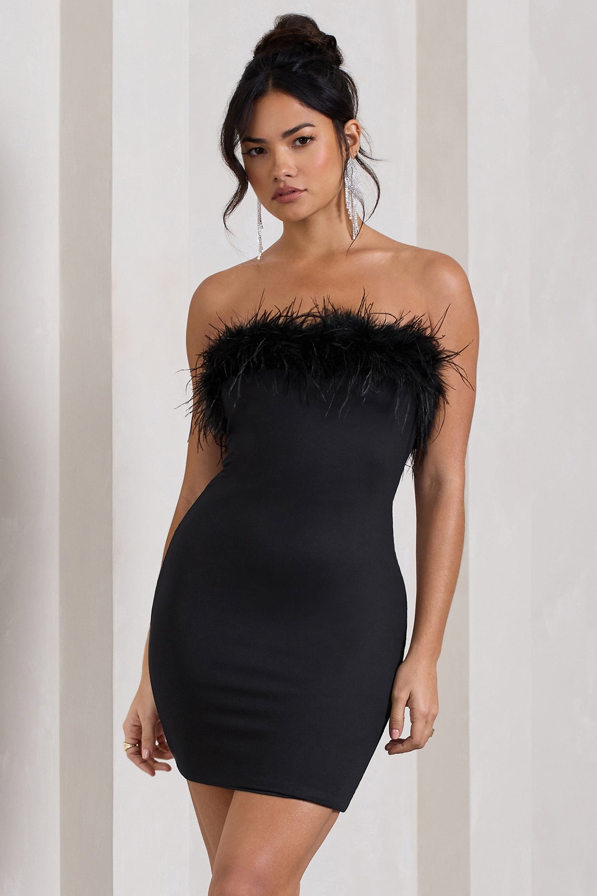 Stop The Show Black Feather Trim Bandeau Mini Dress – Club L London - USA
