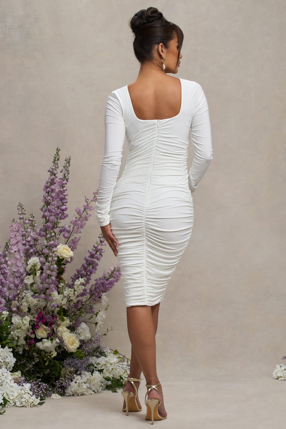 New Life | White Maternity Square Neck Ruched Midi Dress, US 10 / White New Life | White Maternity Square Neck Ruched Midi Dress, US 10 / White