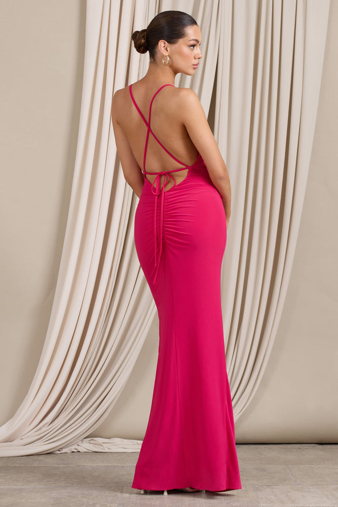 Future Love Hot Pink Ruched Cowl Maxi Dress With Thigh Split 