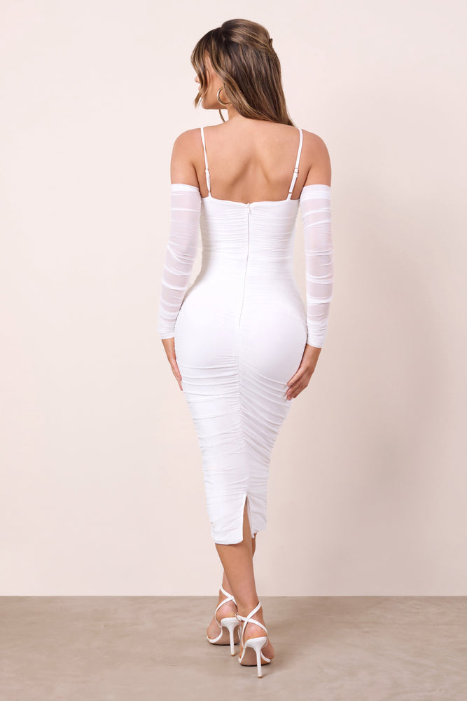 Curvy Sense Long Sleeve Xolani Off The Shoulder Mini Dress Beige Cream 2X