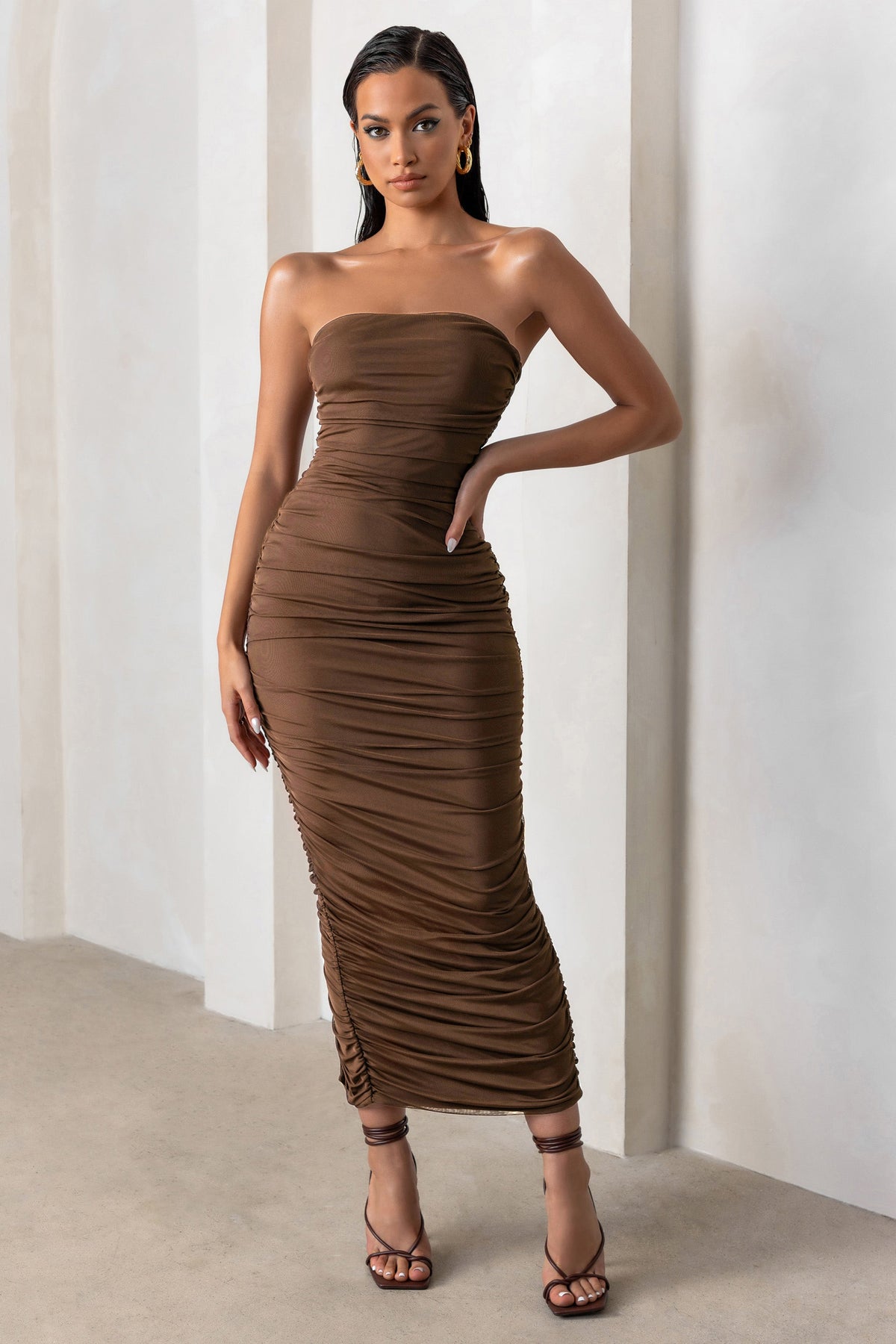 My Lady Chocolate Brown Strapless Bodycon Ruched Mesh Maxi Dress – Club L  London - USA