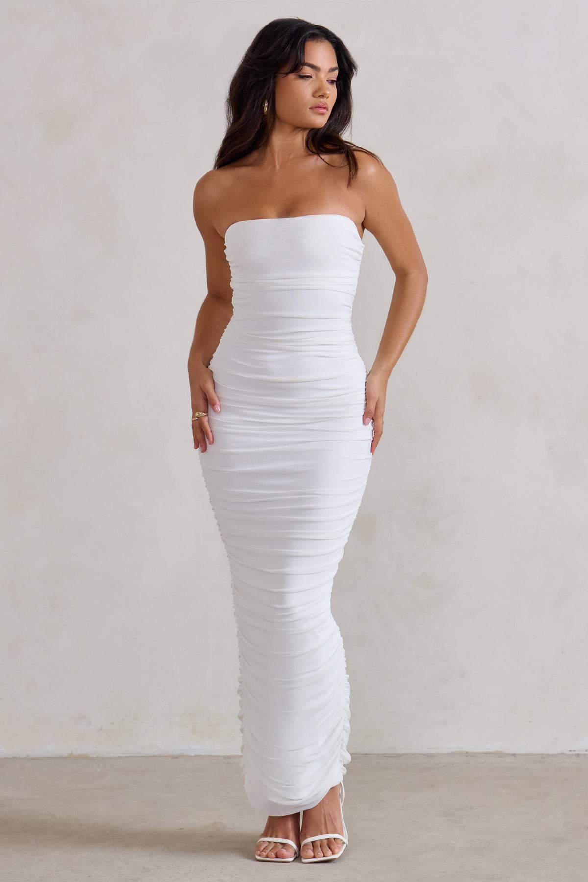 My Lady White Strapless Bodycon Ruched Mesh Maxi Dress – Club L