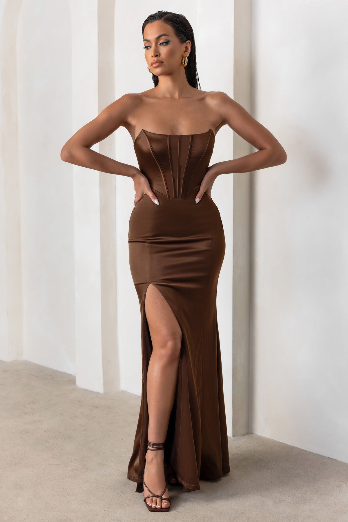 Womens Off Shoulder Split Bustier Corset Satin Dress Strapless Push Up  Backless High Slit Bodycon Ruched Cocktail Party Dress : :  Clothing