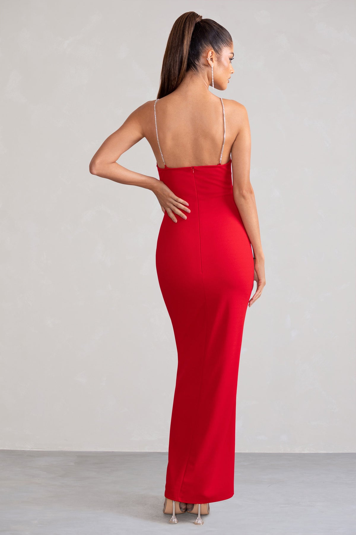 Red Cami Strap Maxi Dress With Thigh Split by Club L London