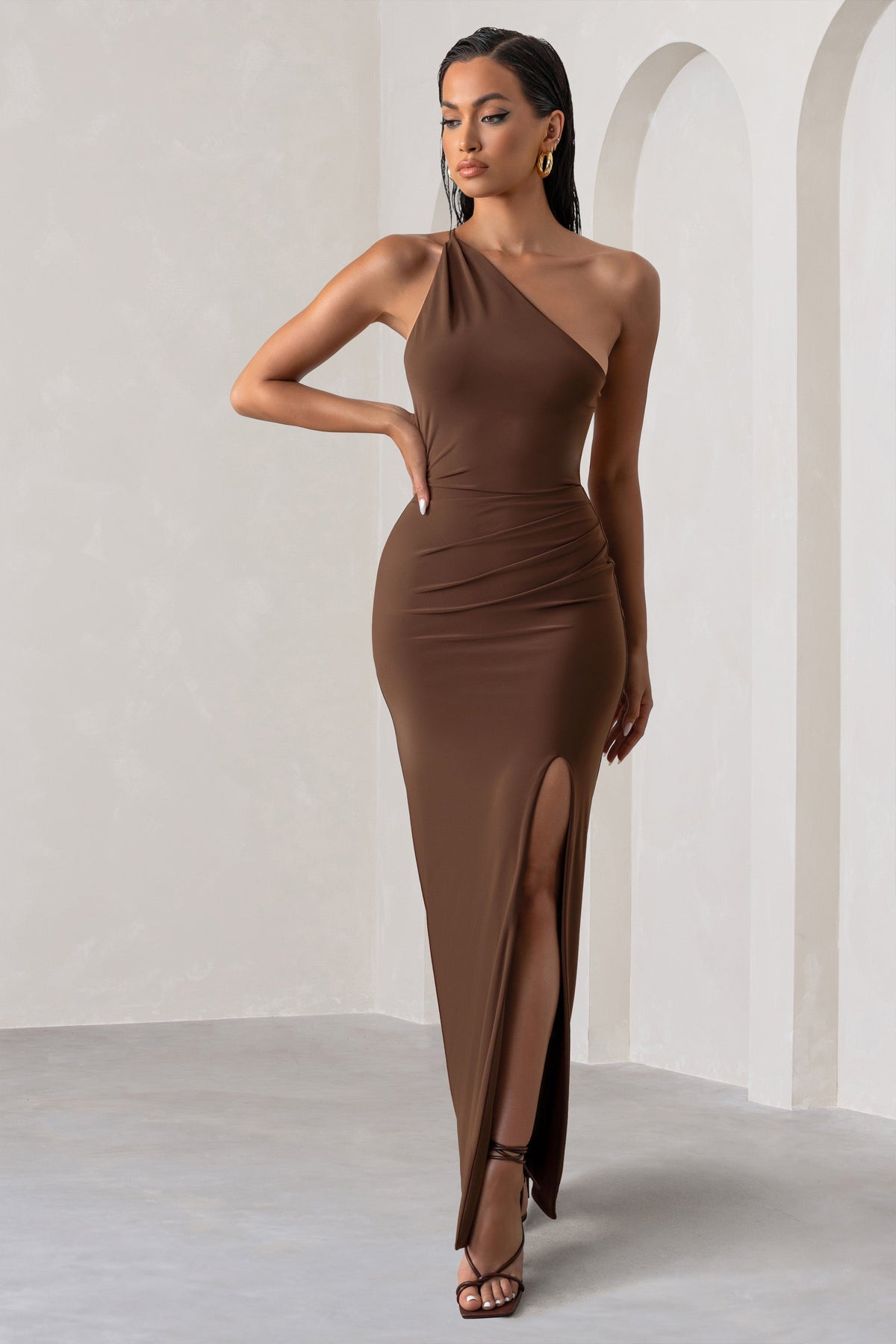 Dressing Up Chocolate Brown One Shoulder Maxi Dress With Open Back D – Club  L London - USA