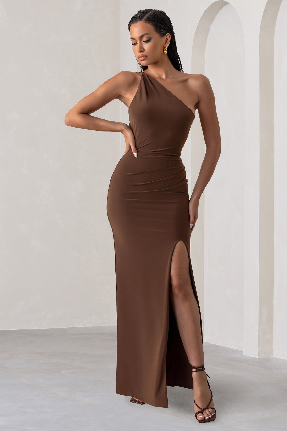 Dressing Up Chocolate Brown One Shoulder Maxi Dress With Open Back D – Club  L London - USA