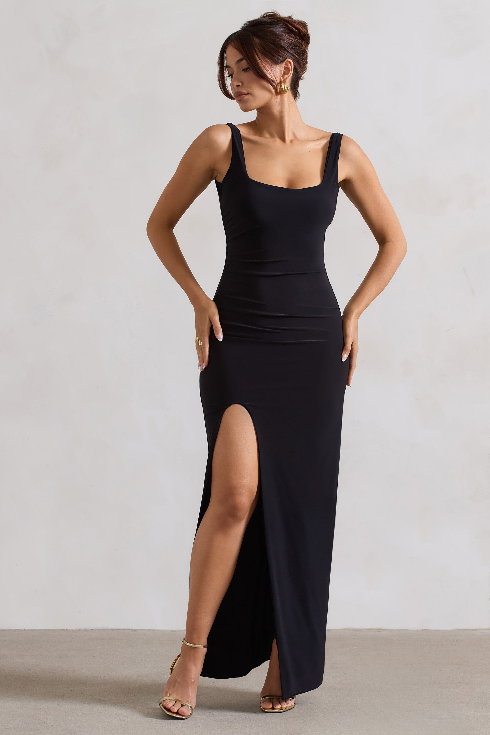 Kate Black Square Neck Maxi Dress with Plunge Back and Side Thigh