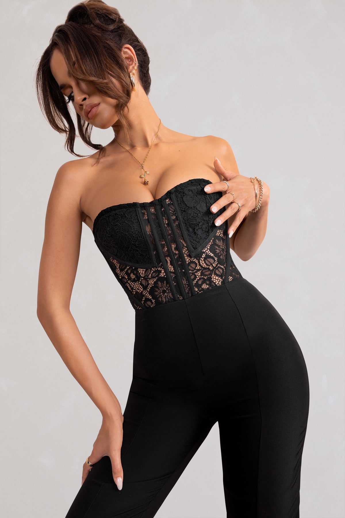 Black Lace Underwired Corset Detail Strappy Jumpsuit
