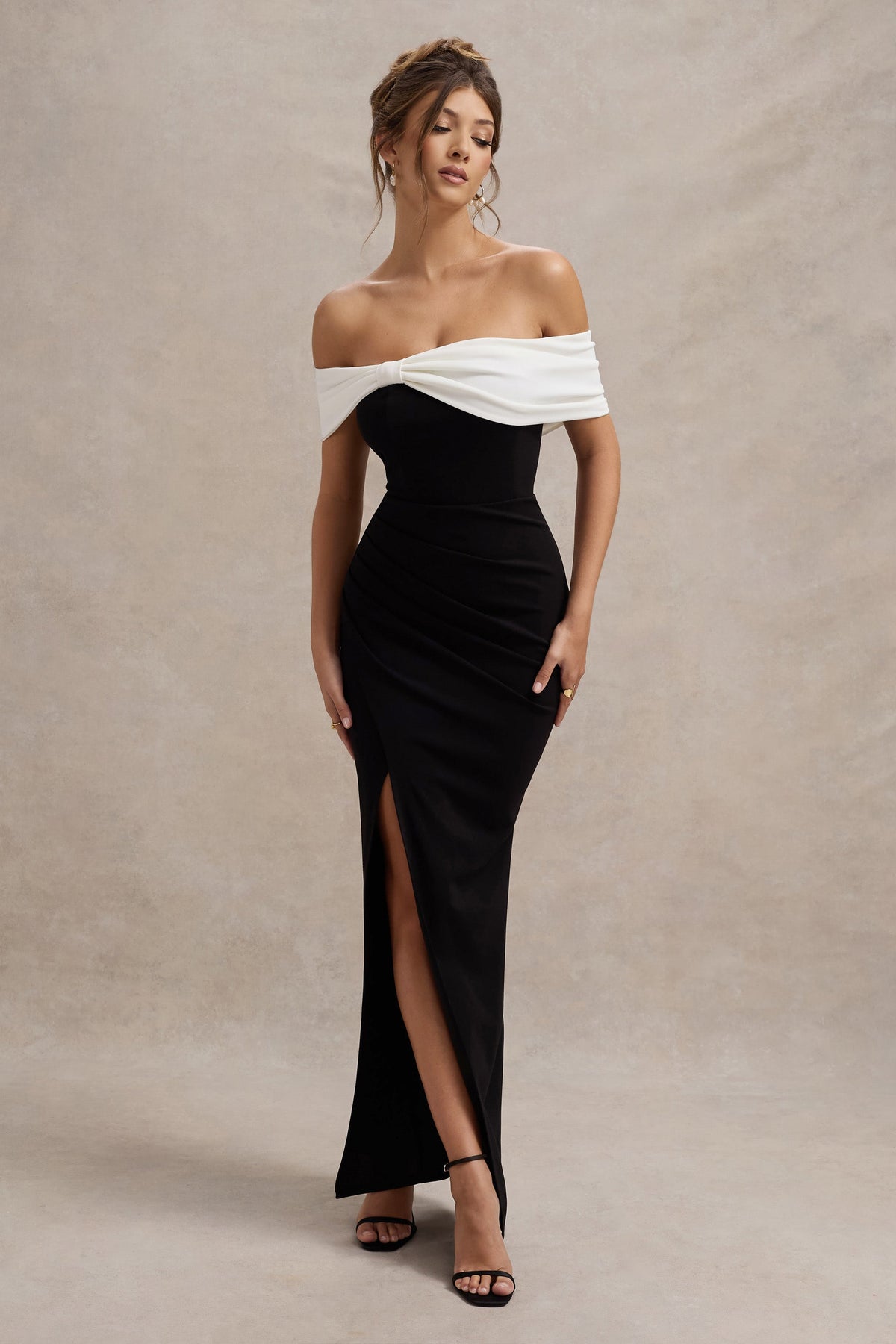 Eva Black & White Bardot Bow Detail Maxi Dress With Thigh Split Club L London - USA Eva Black & White Bardot Bow Detail Maxi Dress With Thigh Split Club L London - USA