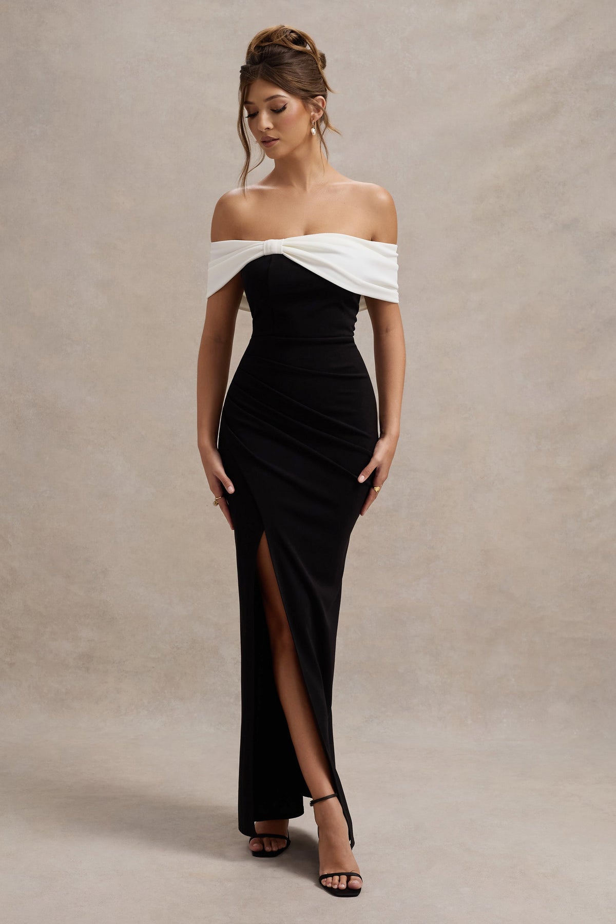 Eva | Black & White Bardot Bow Detail Maxi Dress With Thigh Split - UK 12 Black Eva | Black & White Bardot Bow Detail Maxi Dress With Thigh Split - UK 12 Black