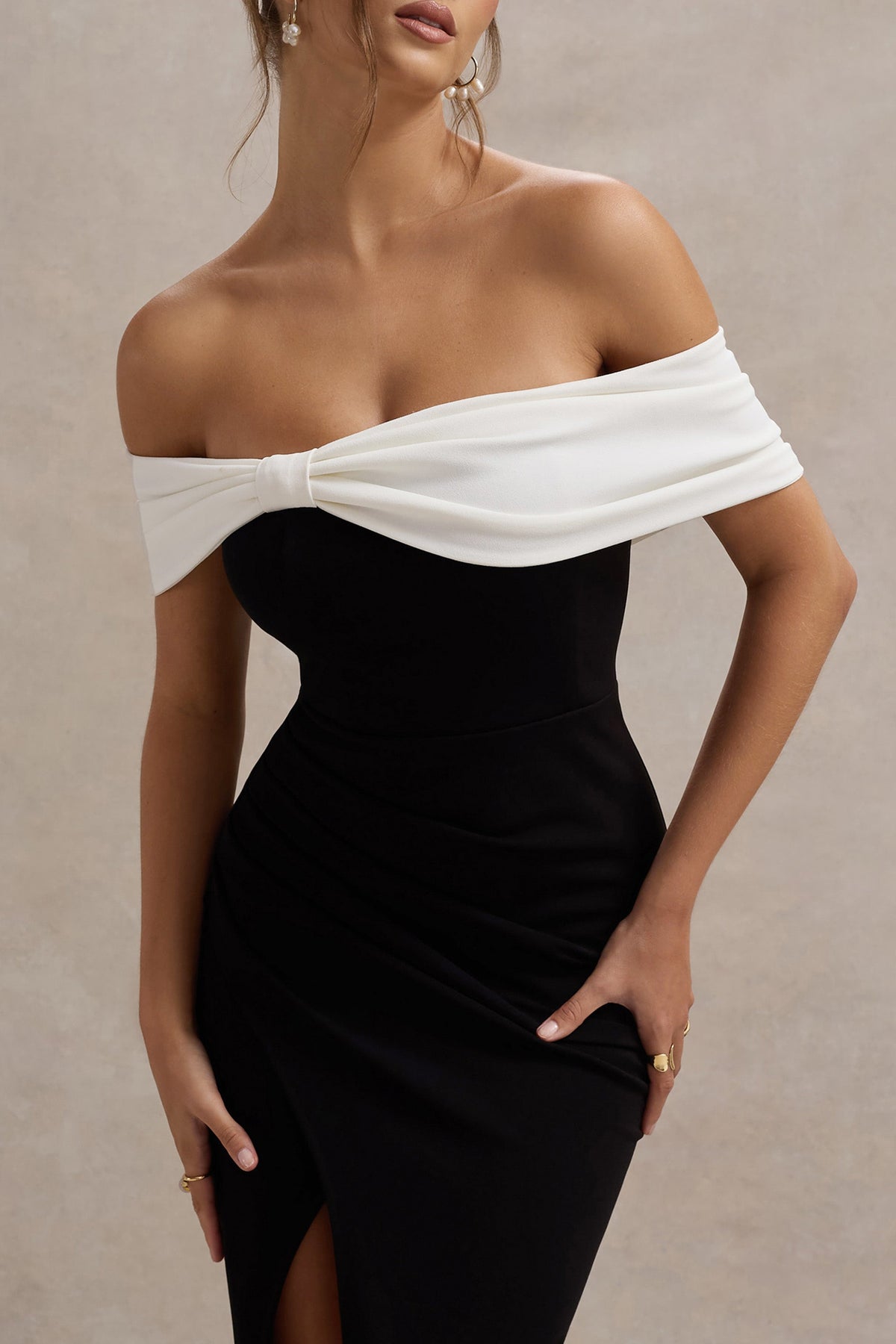 Eva | Black & White Bardot Bow Detail Maxi Dress With Thigh Split - UK 12 Black Eva | Black & White Bardot Bow Detail Maxi Dress With Thigh Split - UK 12 Black