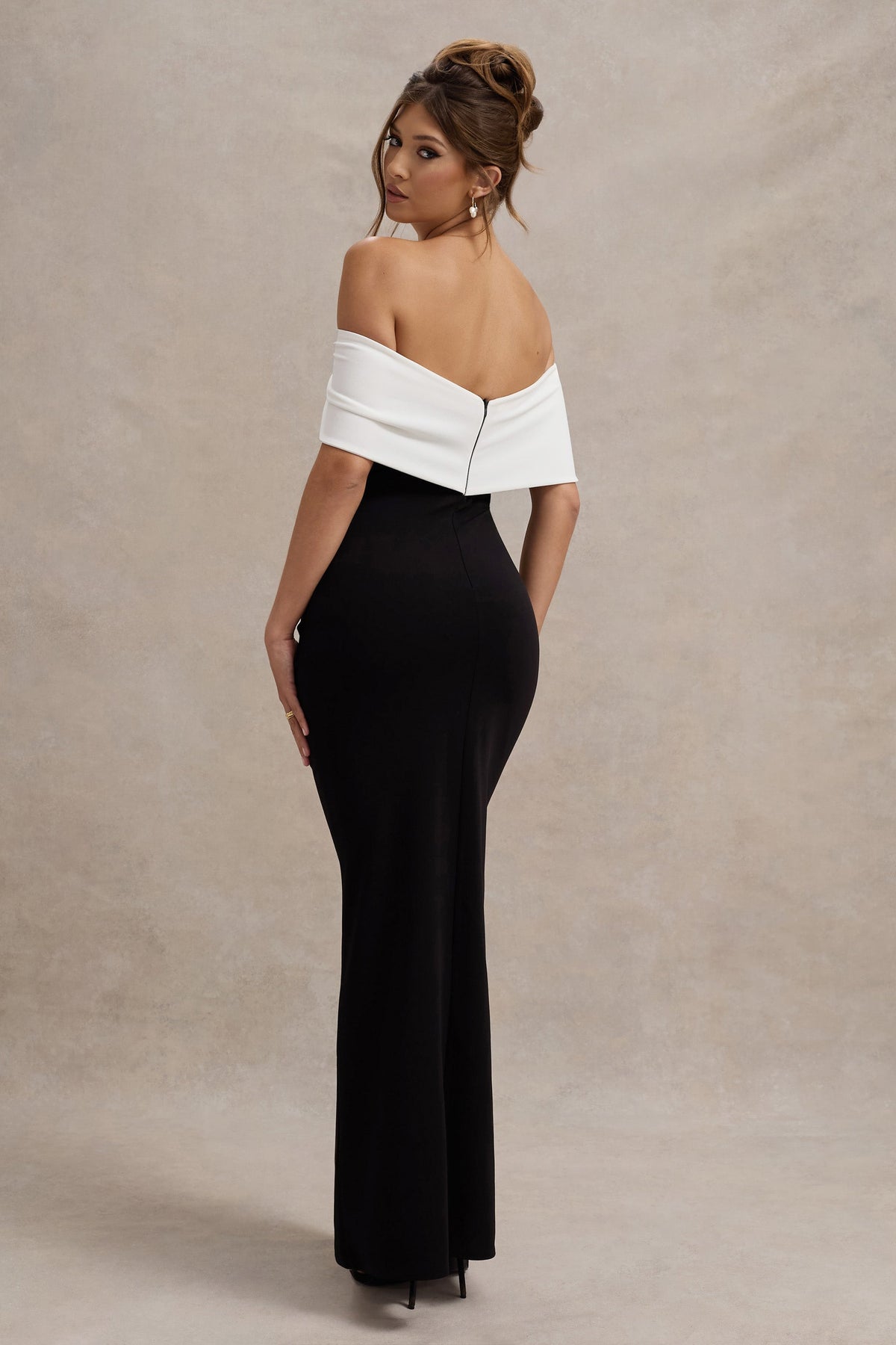 Eva | Black & White Bardot Bow Detail Maxi Dress With Thigh Split - UK 12 Black Eva | Black & White Bardot Bow Detail Maxi Dress With Thigh Split - UK 12 Black