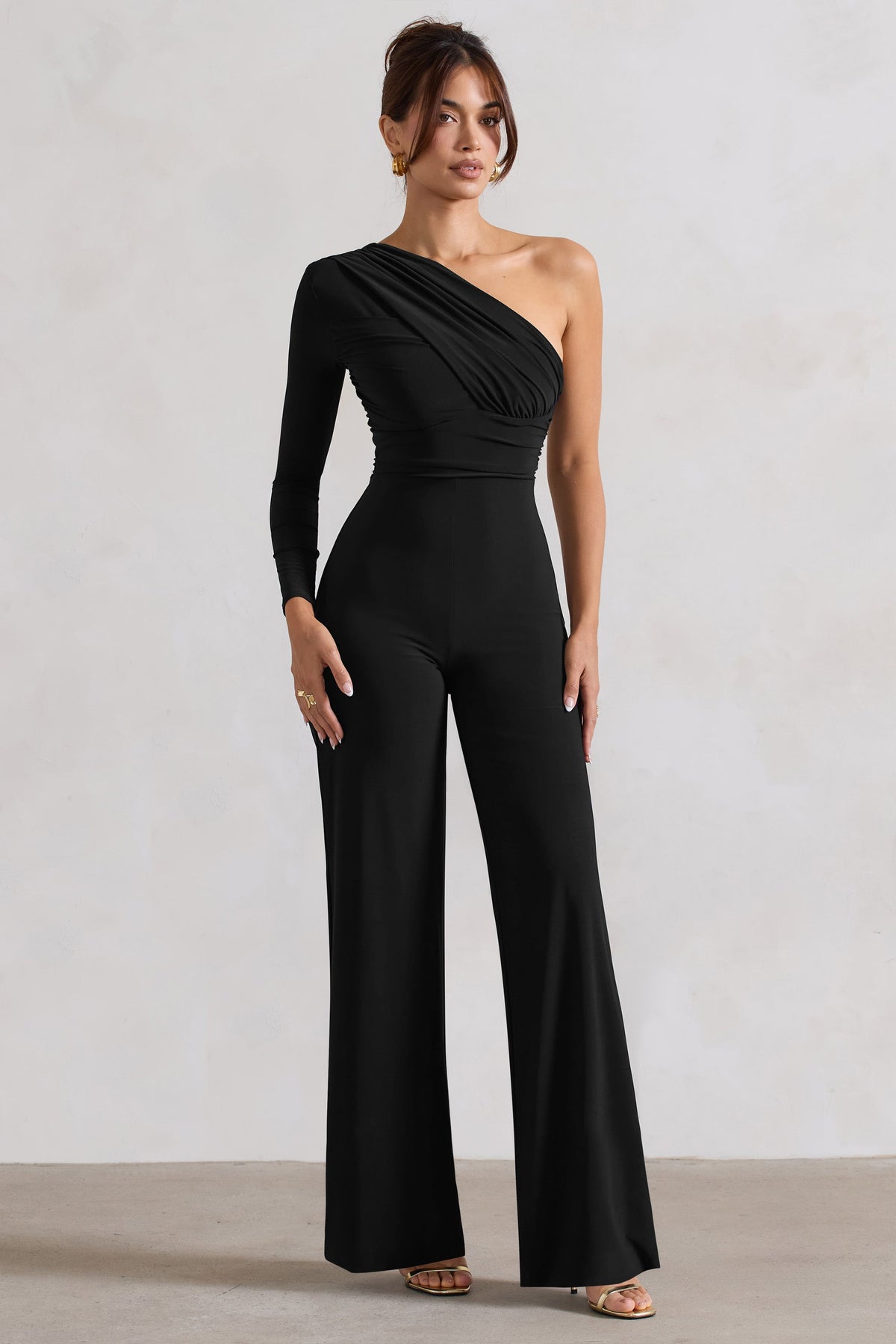 Mila | Black One Shoulder Ruched Wide Leg Jumpsuit