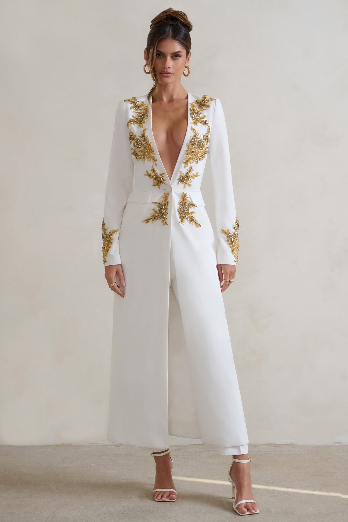 Matilda White Plunge Floor Length Jacket with Gold Embroidery