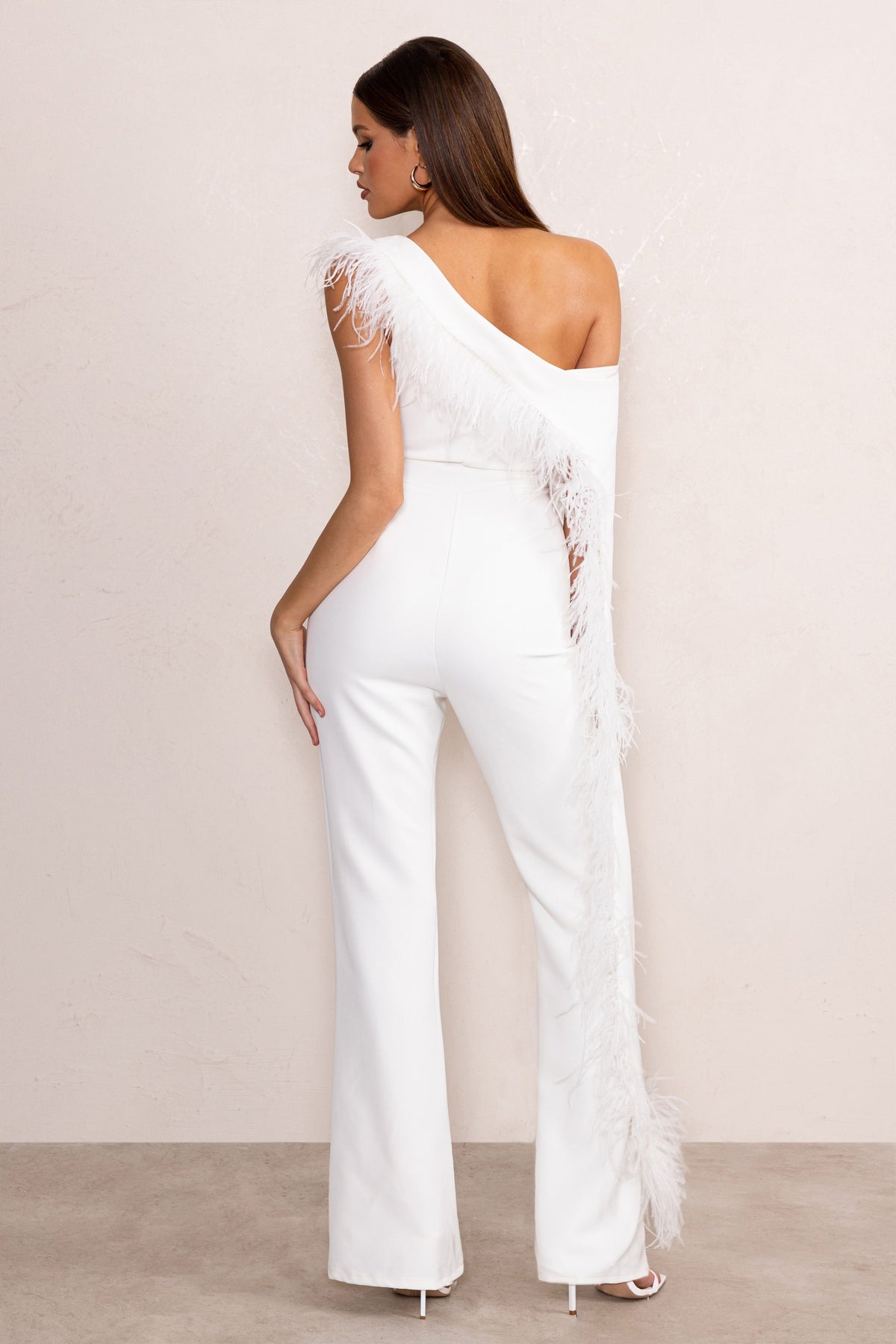 Cindy White One-Shoulder Cape Jumpsuit with Feather Trim – Club L 