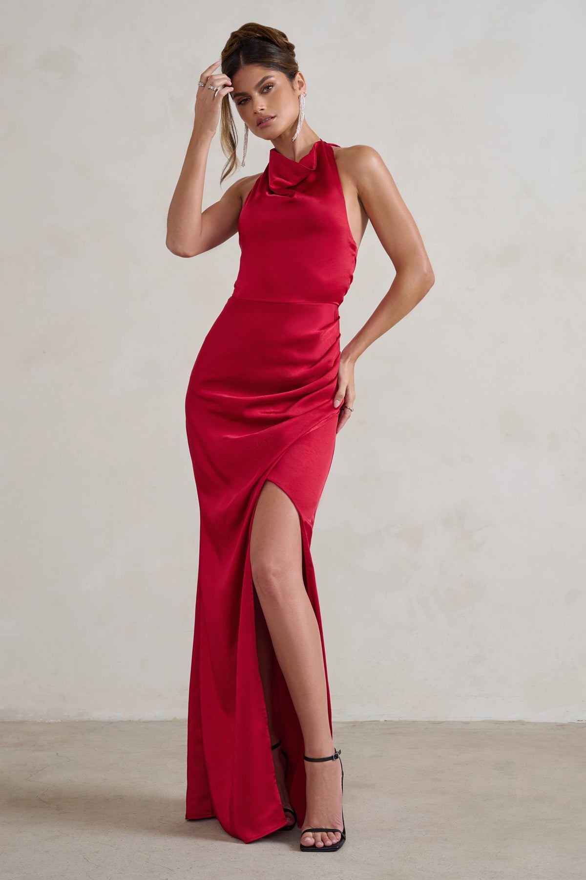 Forever Feature Berry Red High Neck Wrap Maxi Dress – Club L 