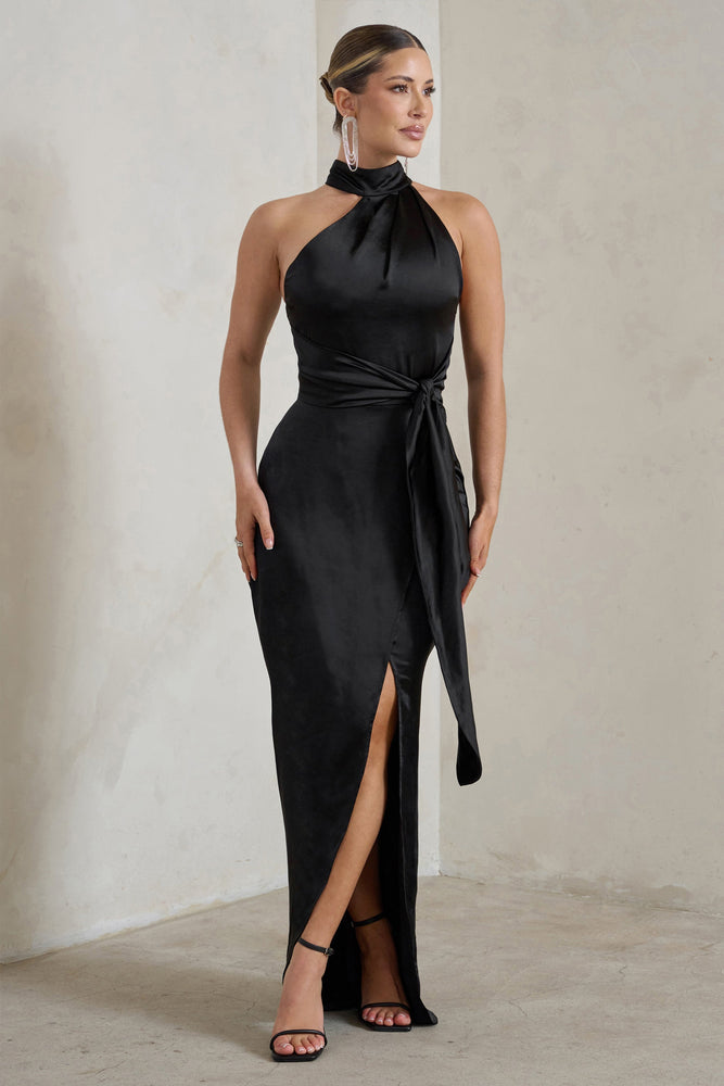 Tattianna Black Asymmetric Tie Detail High Neck Satin Maxi Dress – Club ...