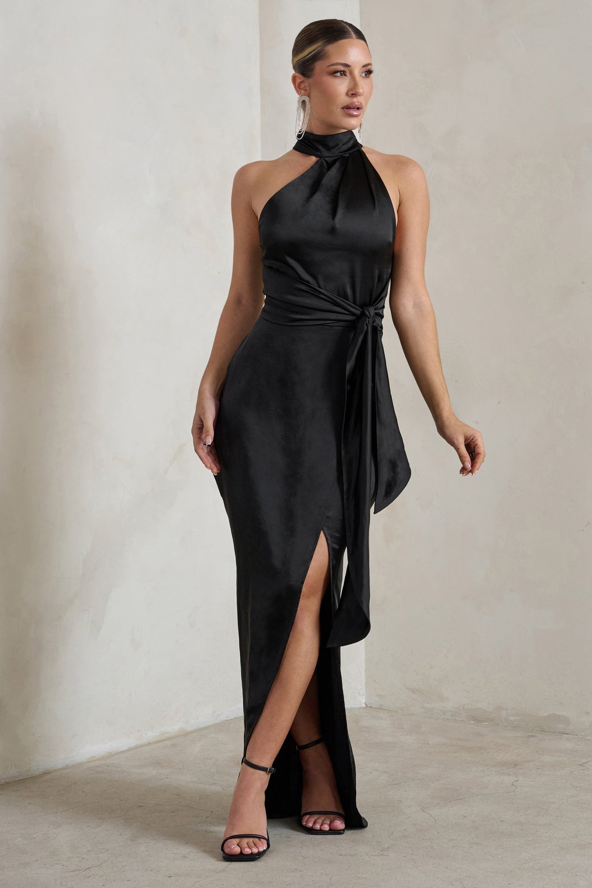 Tattianna Black Asymmetric Tie Detail High Neck Satin Maxi Dress – Club L  London - USA