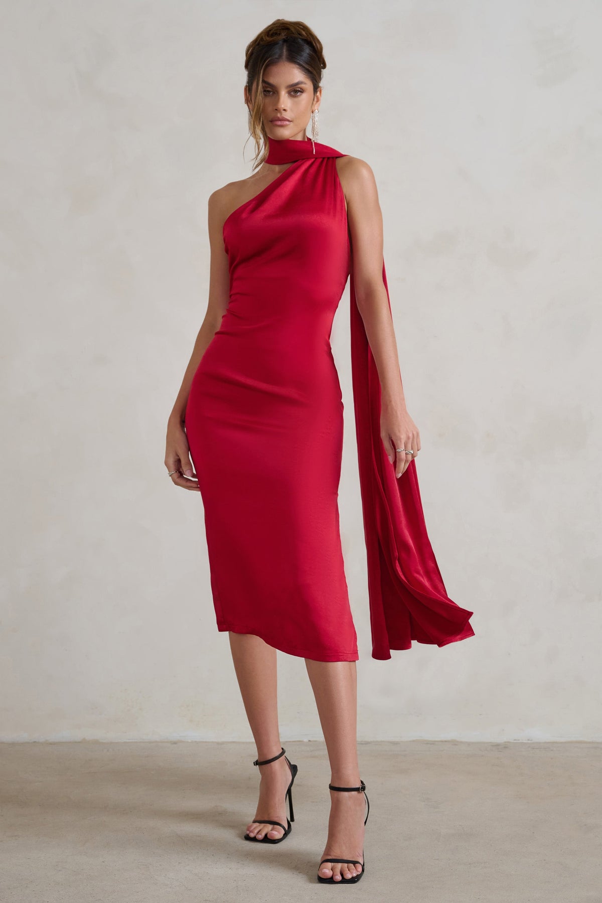 Madame | Berry Red Satin Asymmetric Scarf Neck Backless Midi Dress