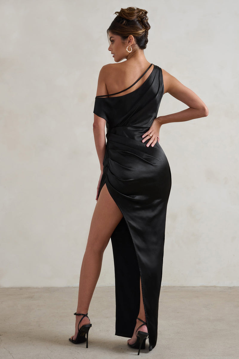 Select Black Asymmetrical Extreme Split Satin Maxi Dress – Club L ...