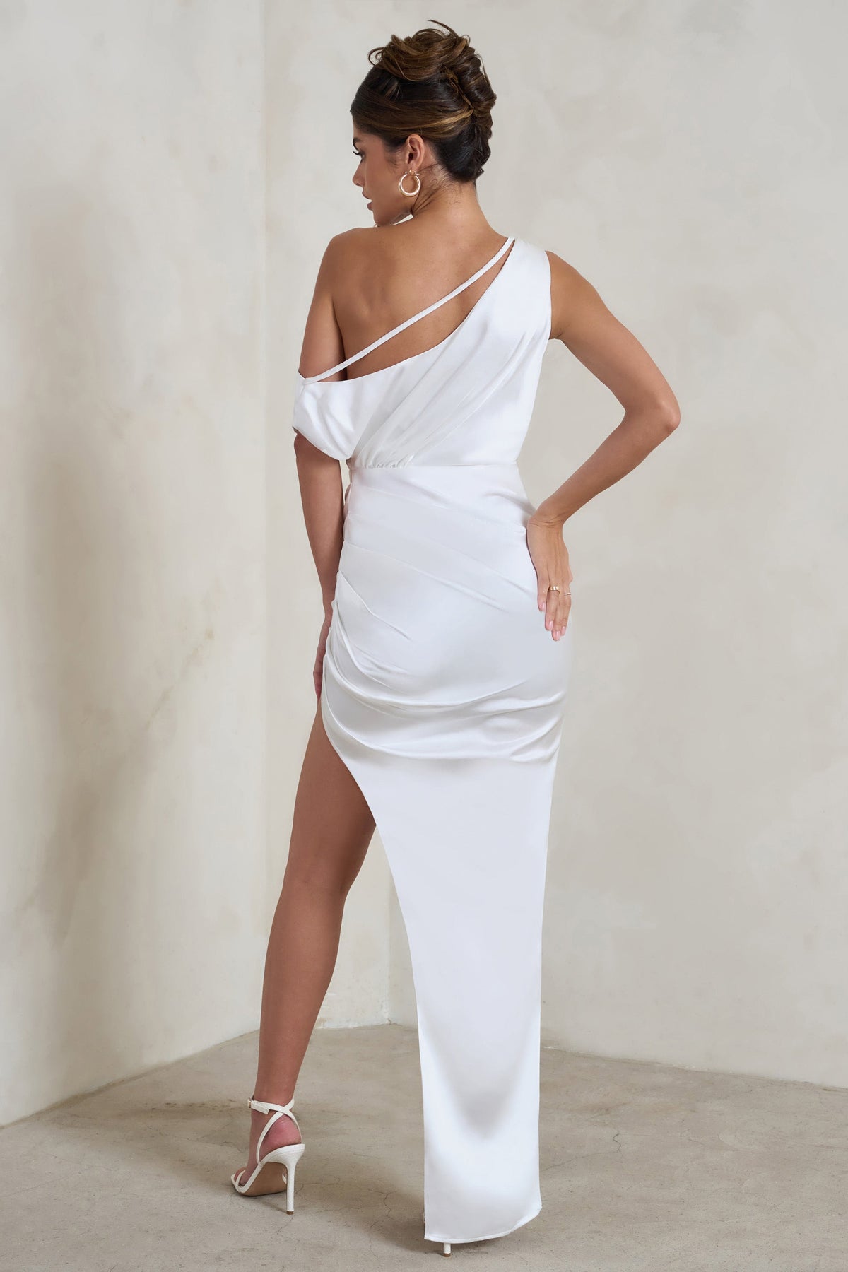 Select White Asymmetrical Extreme Split Satin Maxi Dress – Club L London -  USA
