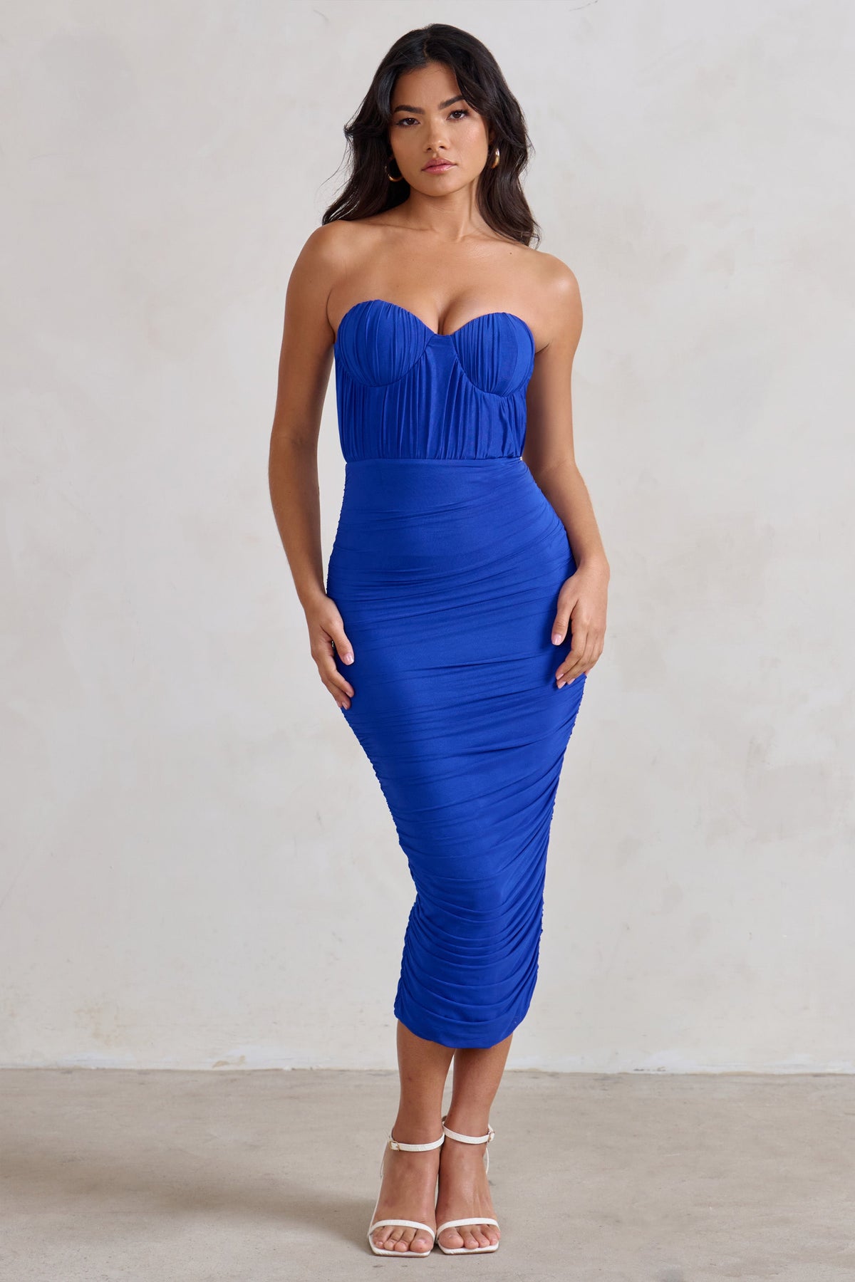 Deema Cobalt Blue Cupped Midi Dress With Mesh Overlay – Club L