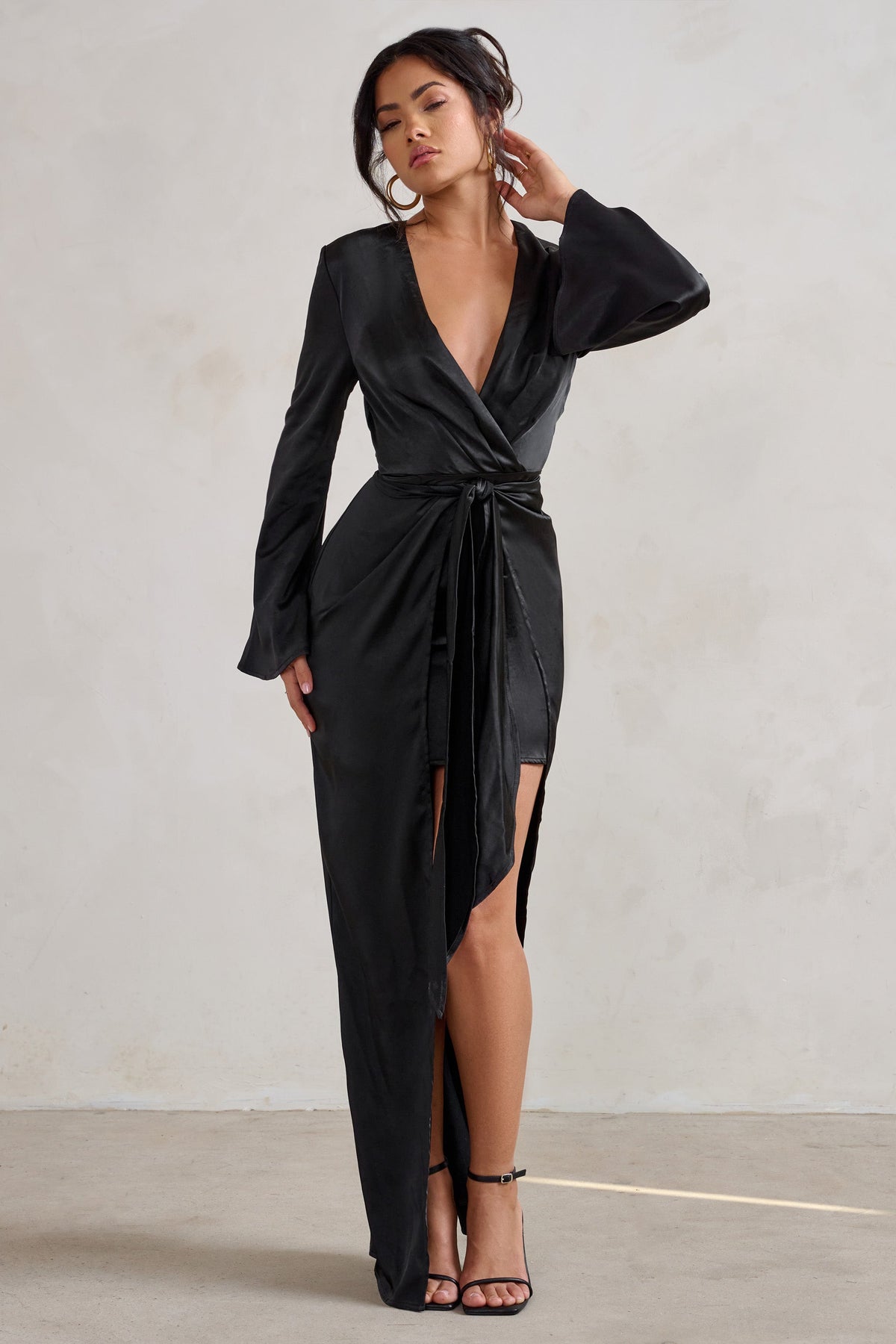 fitted lace wedding dress Patricia Black Extreme Plunge Long Sleeve Maxi Dress With Tie Detail Club L London fitted lace wedding dress Patricia Black Extreme Plunge Long Sleeve Maxi Dress With Tie Detail Club L London