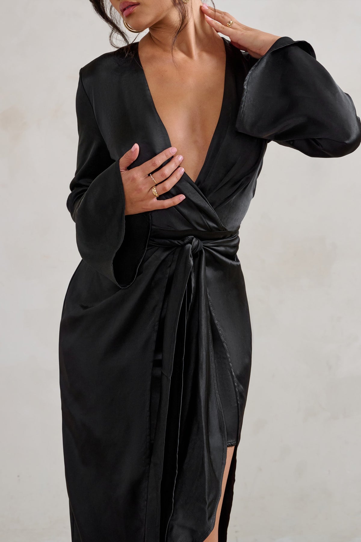 Patricia | Black Extreme Plunge Long Sleeve Maxi Dress With Tie Detail