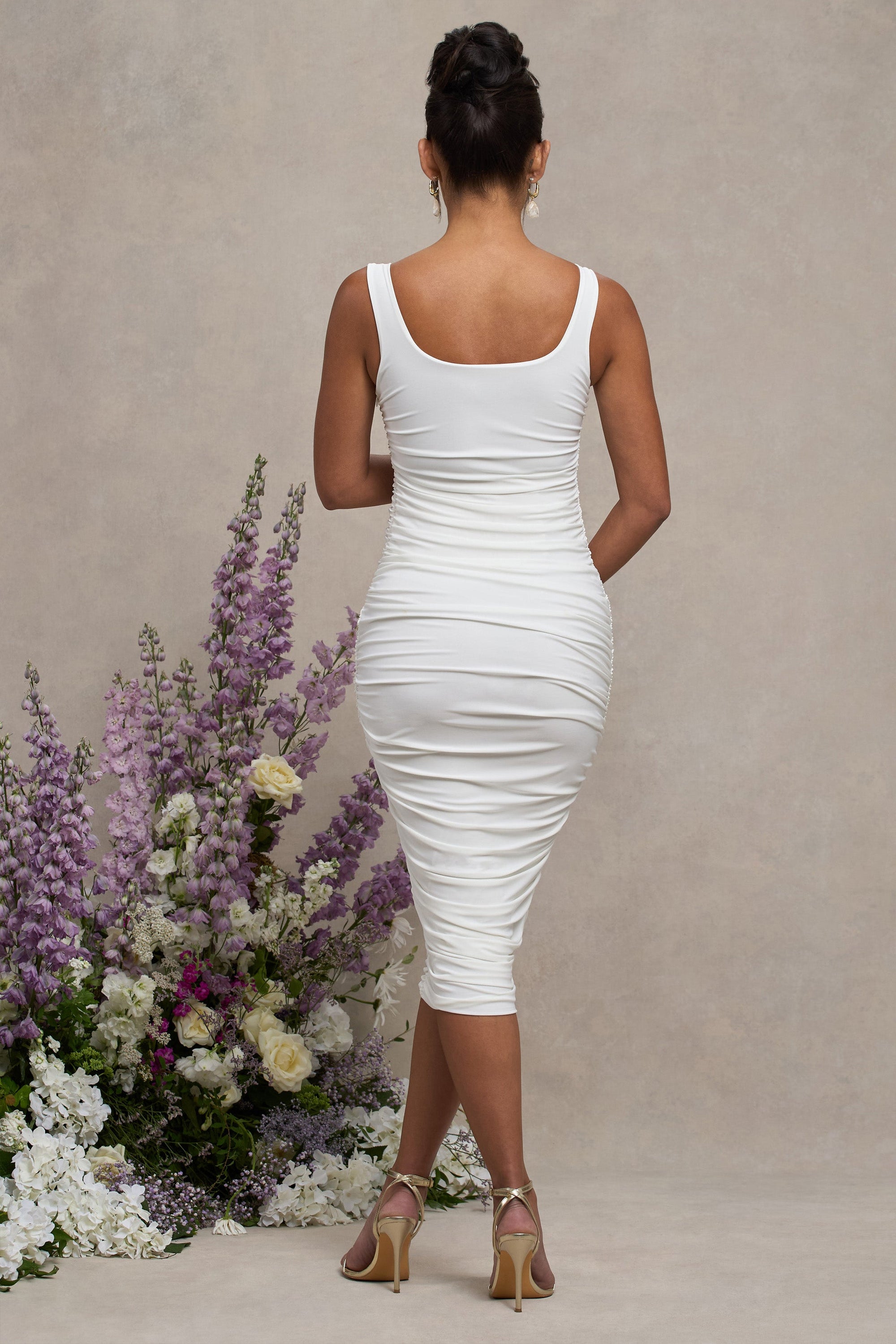 Lisbon | White Maternity Square Neck Ruched Midi Dress - Club L London - USA