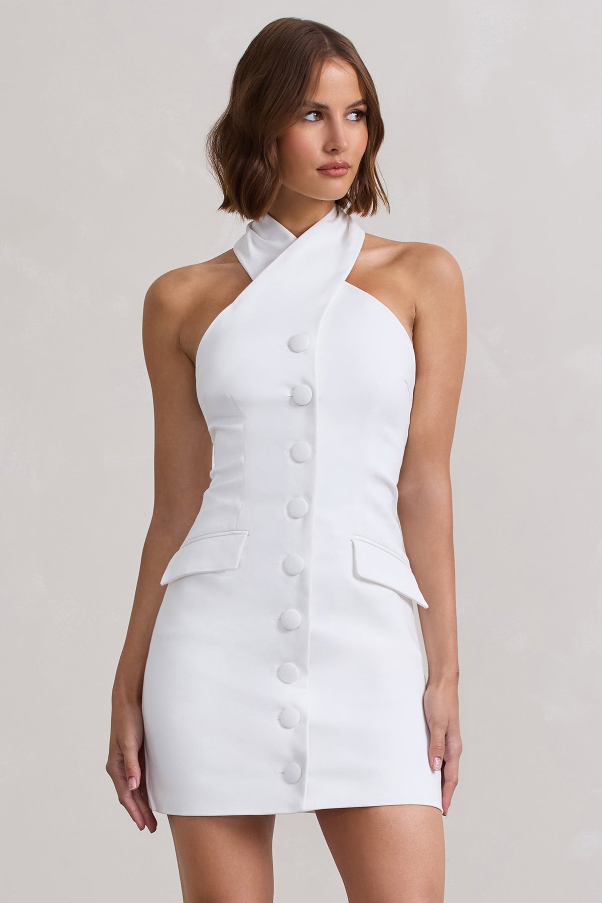Dani White Halter Neck Tailored Buttoned Bodycon Mini Dress – Club