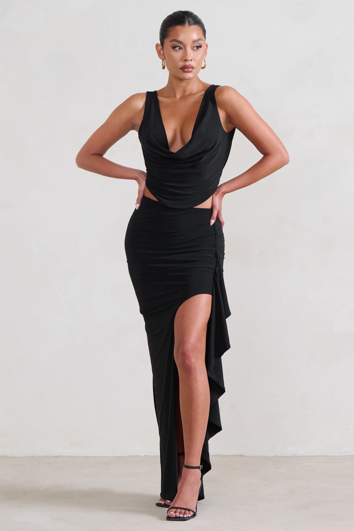 La Belle Black Ruffle Maxi Skirt With Thigh Split – Club L