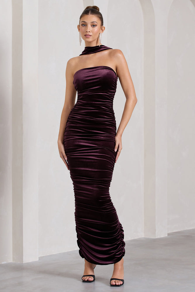 Cayenne Dark Purple Velvet Halter-Neck Bandeau Maxi Dress – Club L 