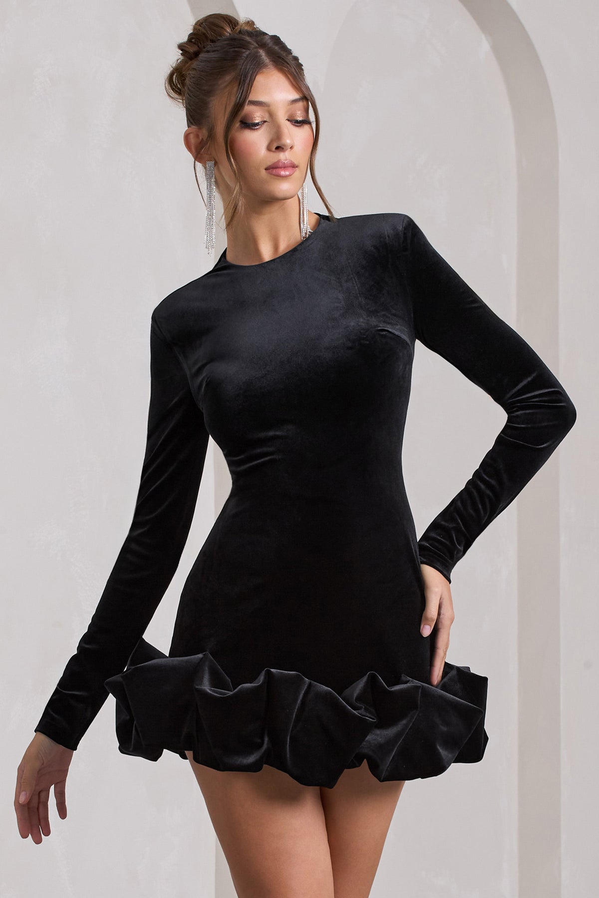 Claudine Black Velvet Long-Sleeved Ruffled Mini Dress – Club L London - USA