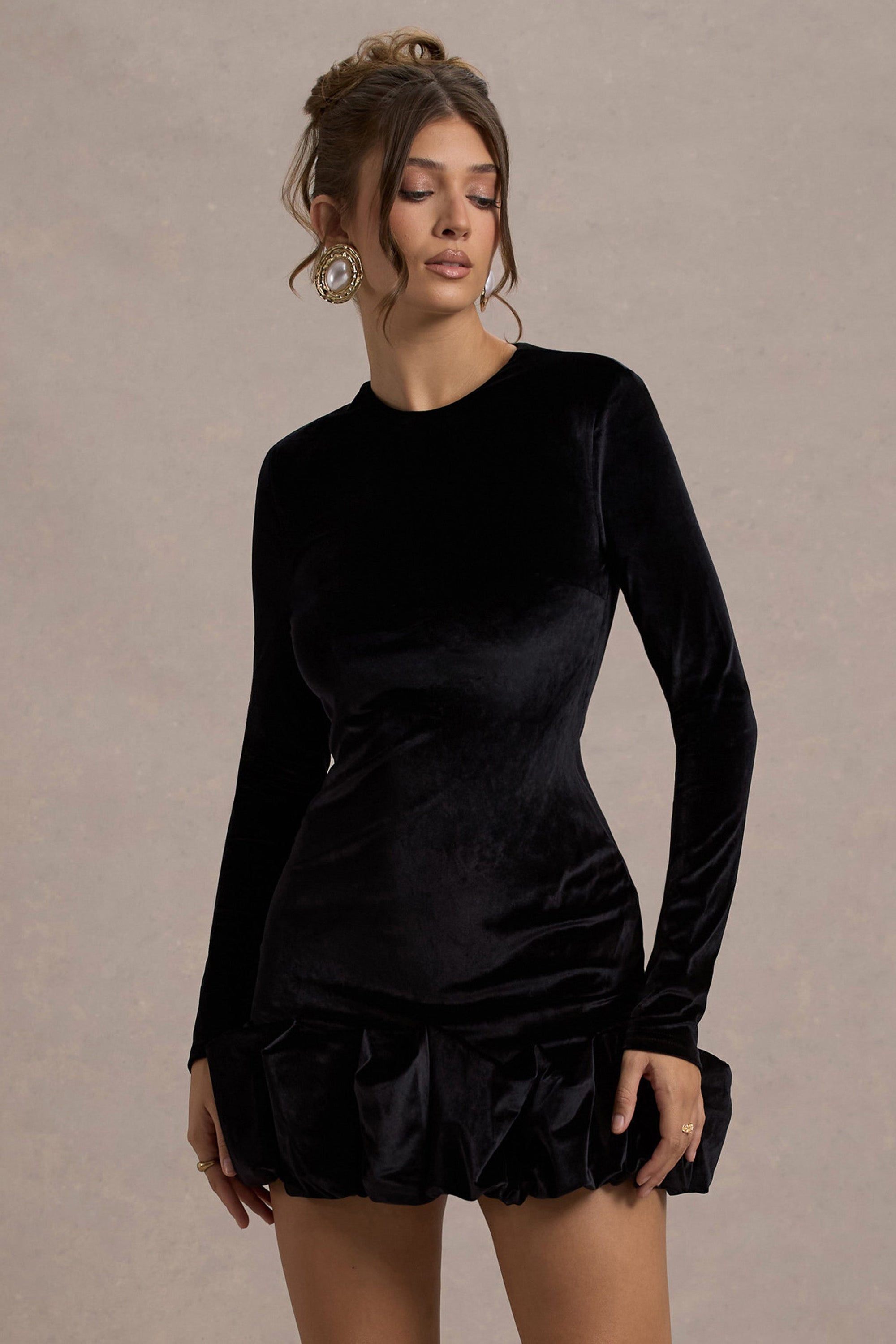 Claudine | Black Velvet Long-Sleeved Ruffled Mini Dress - Club L London - USA