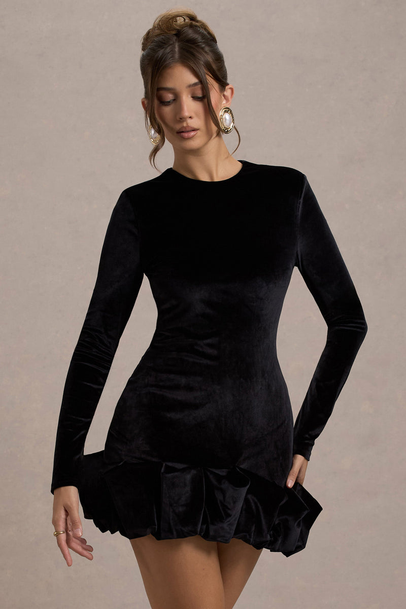 Claudine Black Velvet Long-Sleeved Ruffled Mini Dress – Club L London
