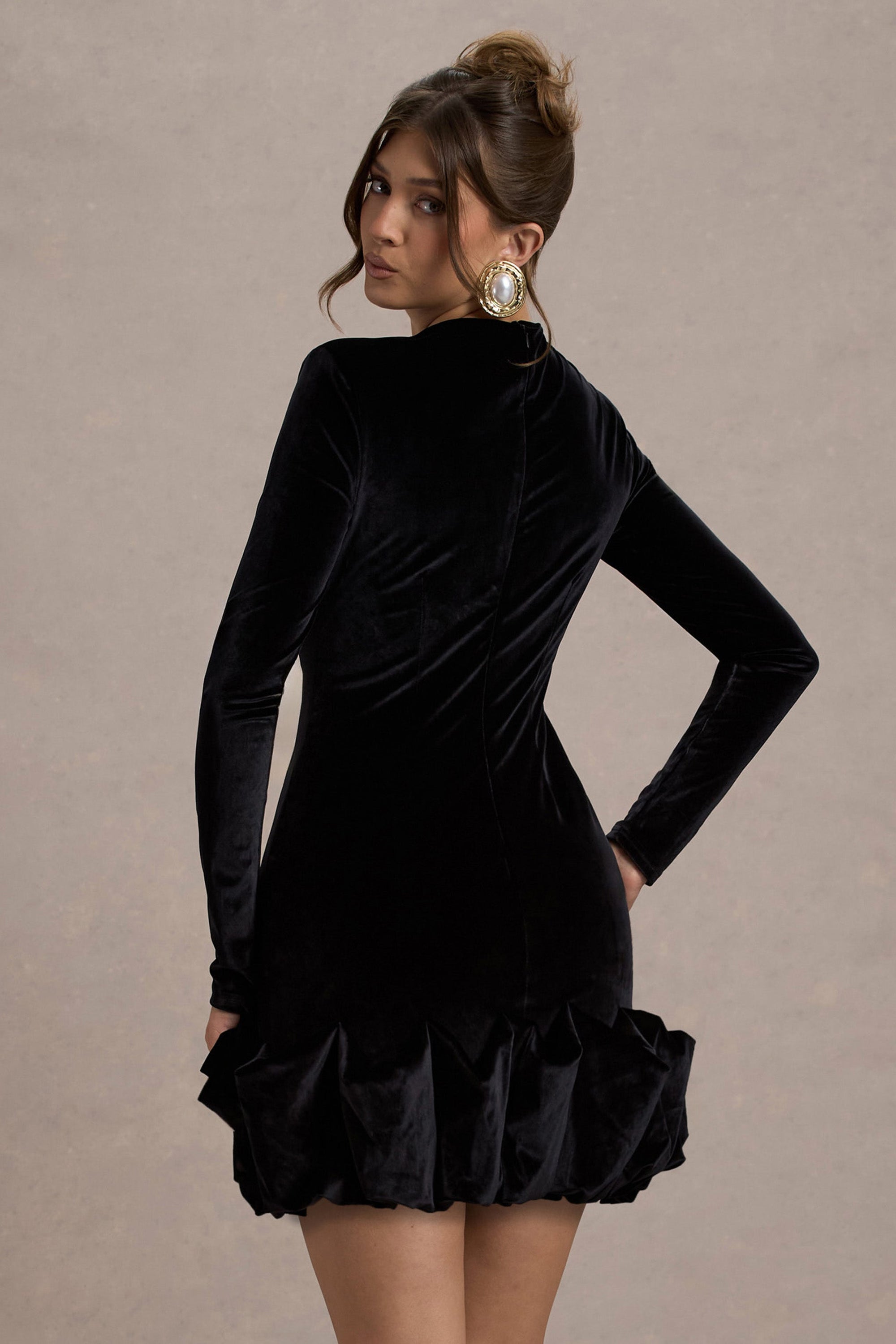 Claudine | Black Velvet Long-Sleeved Ruffled Mini Dress - Club L London - USA