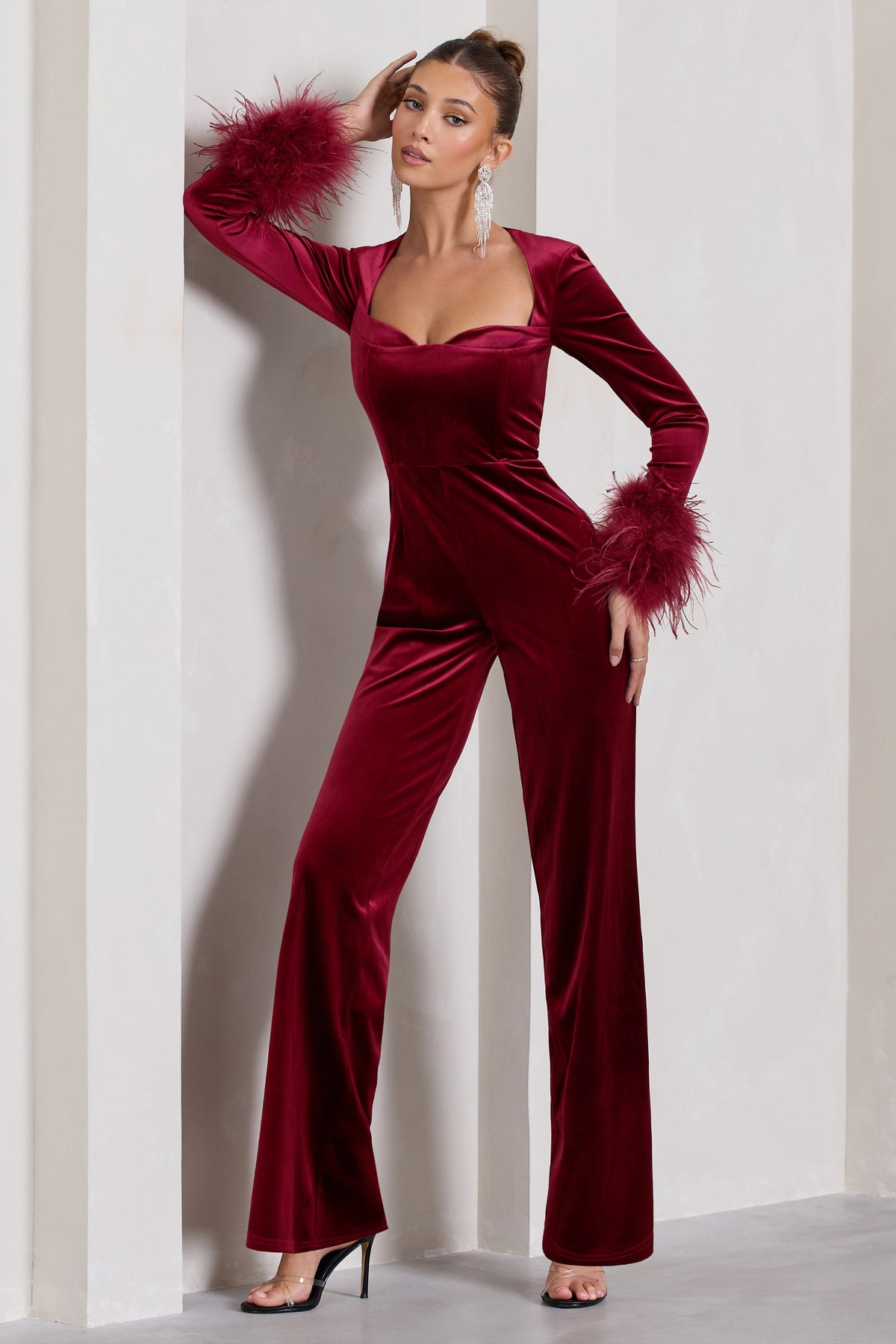 Trailblazer Berry Red Velvet Long-Sleeved Jumpsuit With Feather