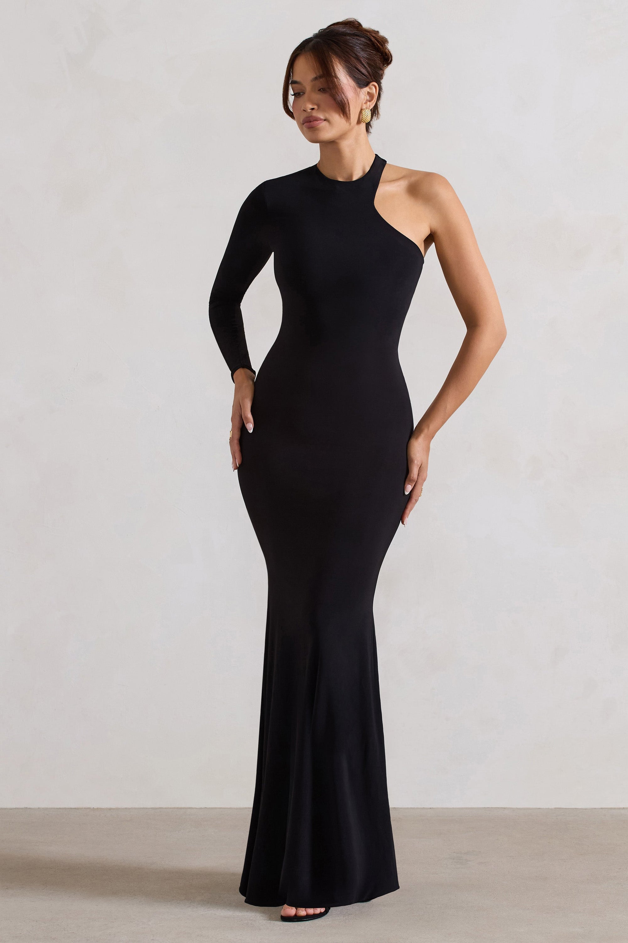 Tyra | Black Asymmetric Neck Cut Out Maxi Dress With Open Back Detail - Club L London - USA