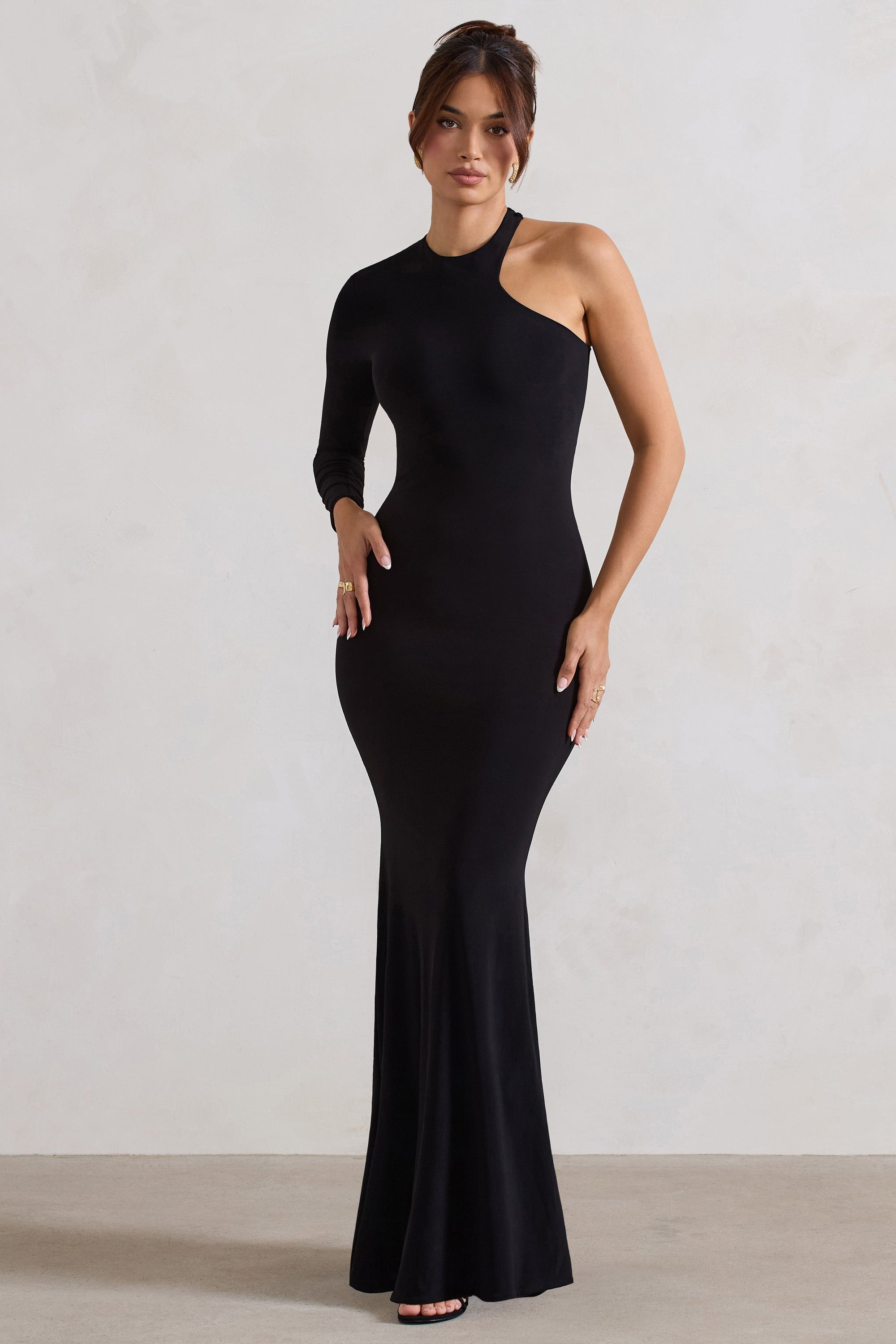 black high neck asymmetric embroidered trim maxi dress Jluxlabel Women's Glitz Asymmetric Maxi Dress