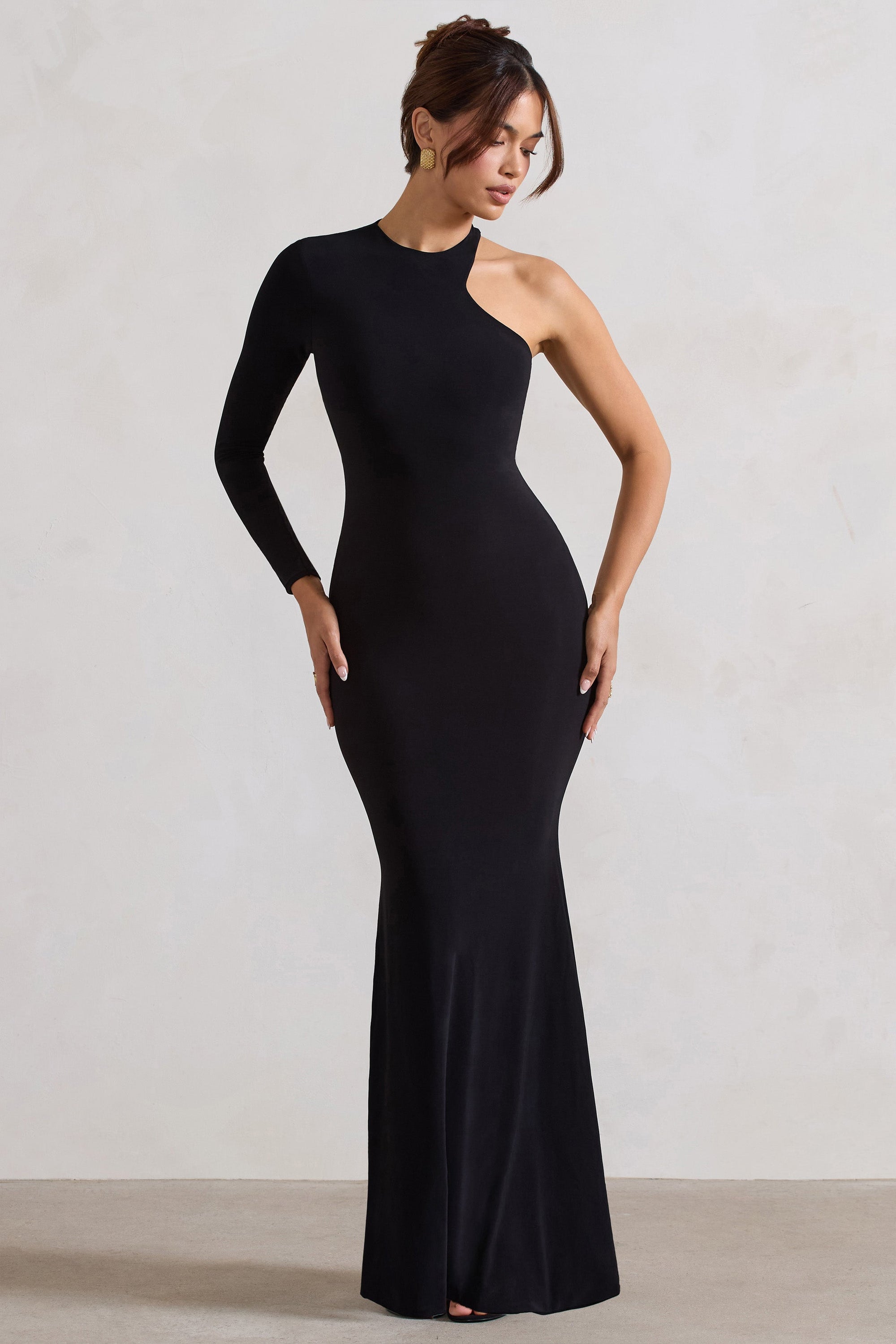 Tyra | Black Asymmetric Neck Cut Out Maxi Dress With Open Back Detail - Club L London - USA