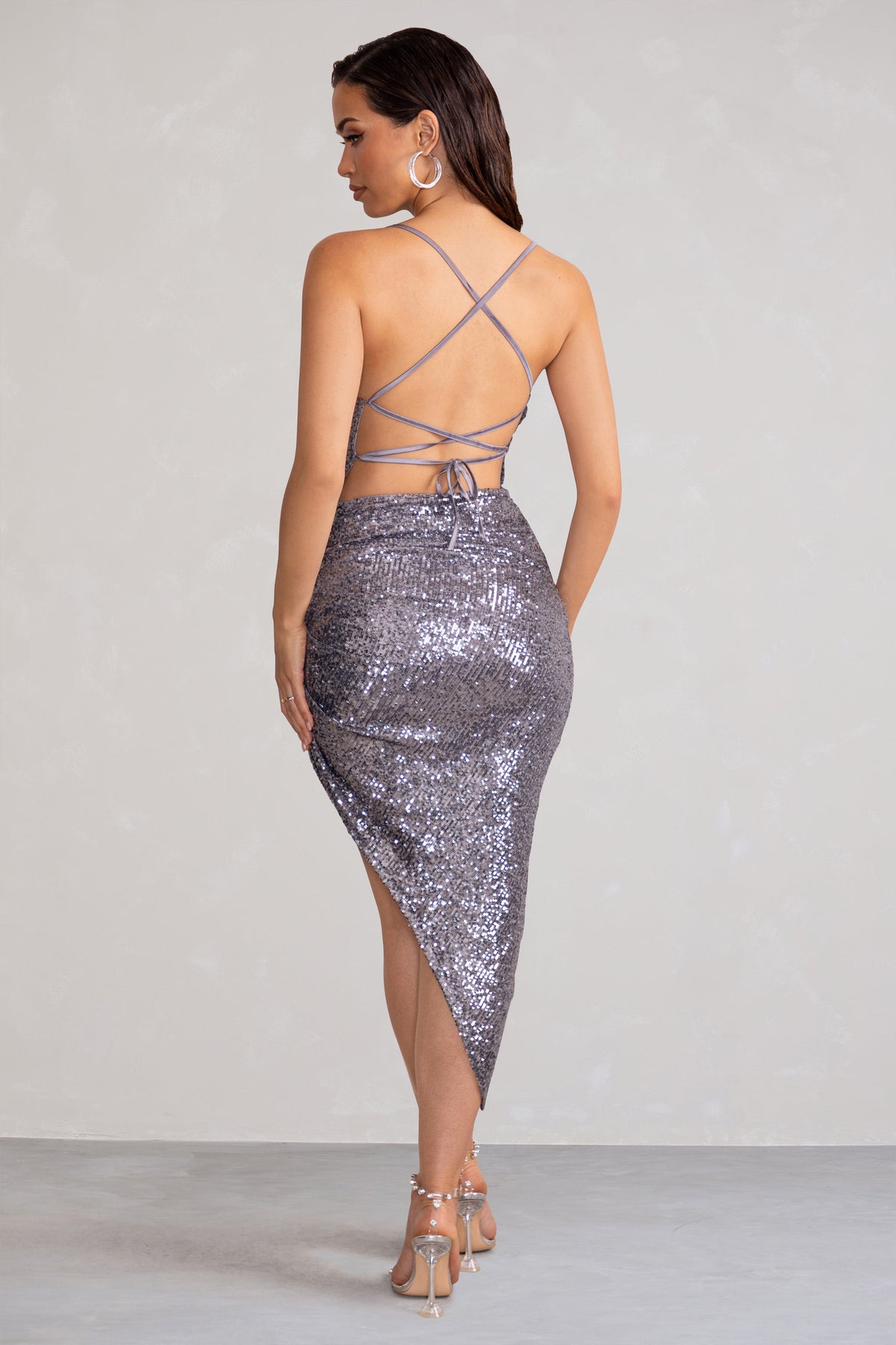 Anya | Gunmetal Sequin Cami Cowl Neck Asymmetric Hem Midi Dress