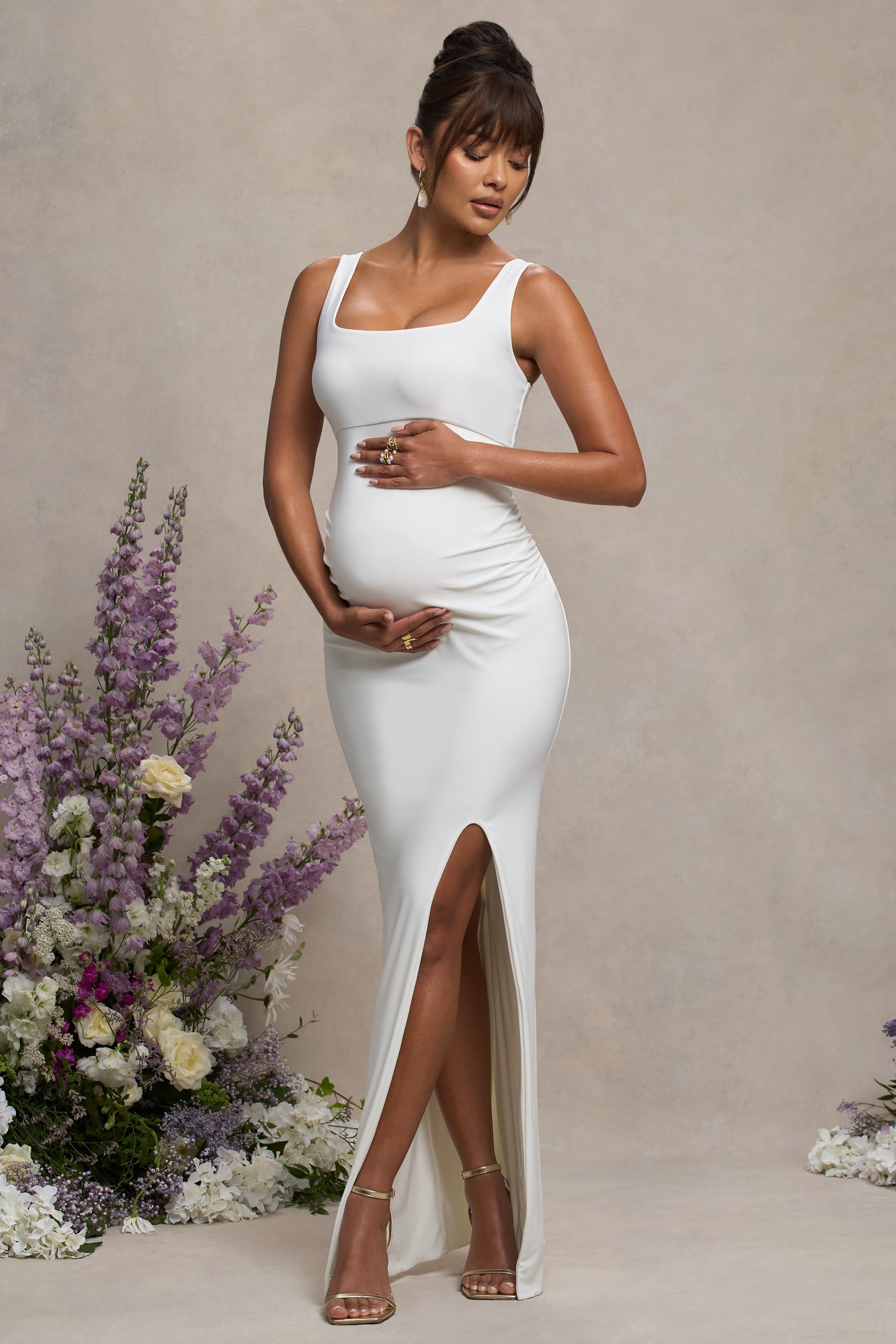 Avril | White Square Neck Maternity Maxi Dress with Split - Club L London - USA