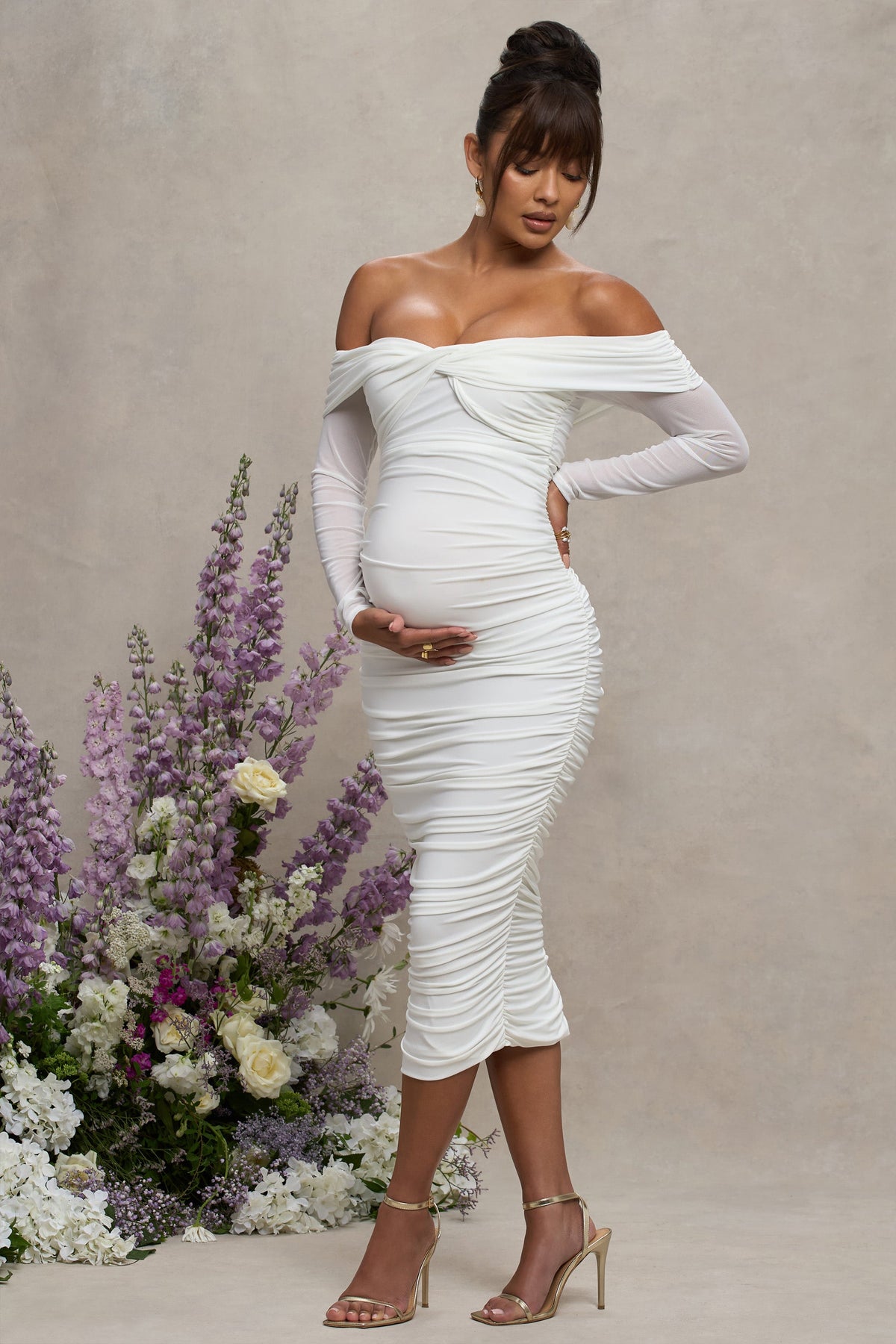 Neva White Bardot Twist Maternity Midi Dress Club L London - USA Neva White Bardot Twist Maternity Midi Dress Club L London - USA