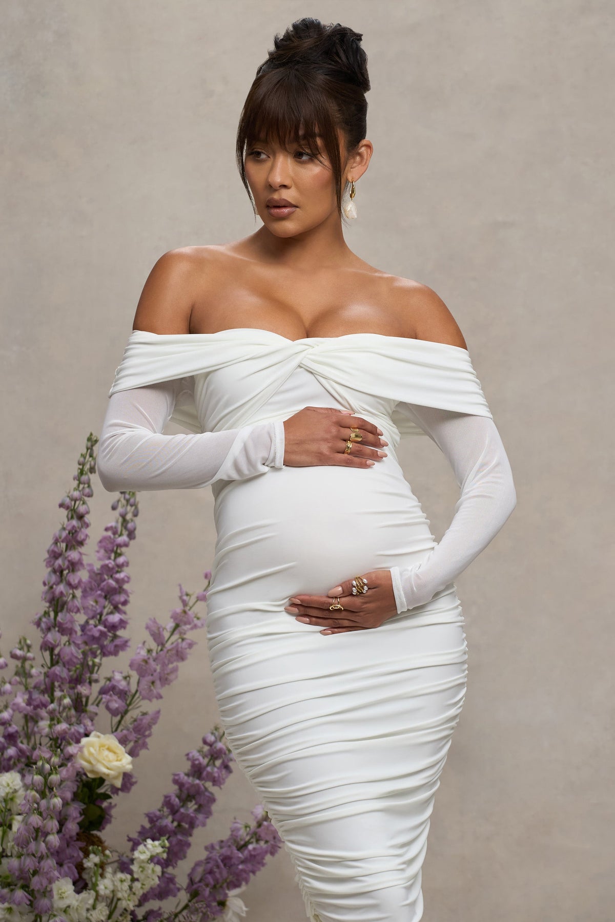 Neva White Bardot Twist Maternity Midi Dress Club L London - USA Neva White Bardot Twist Maternity Midi Dress Club L London - USA