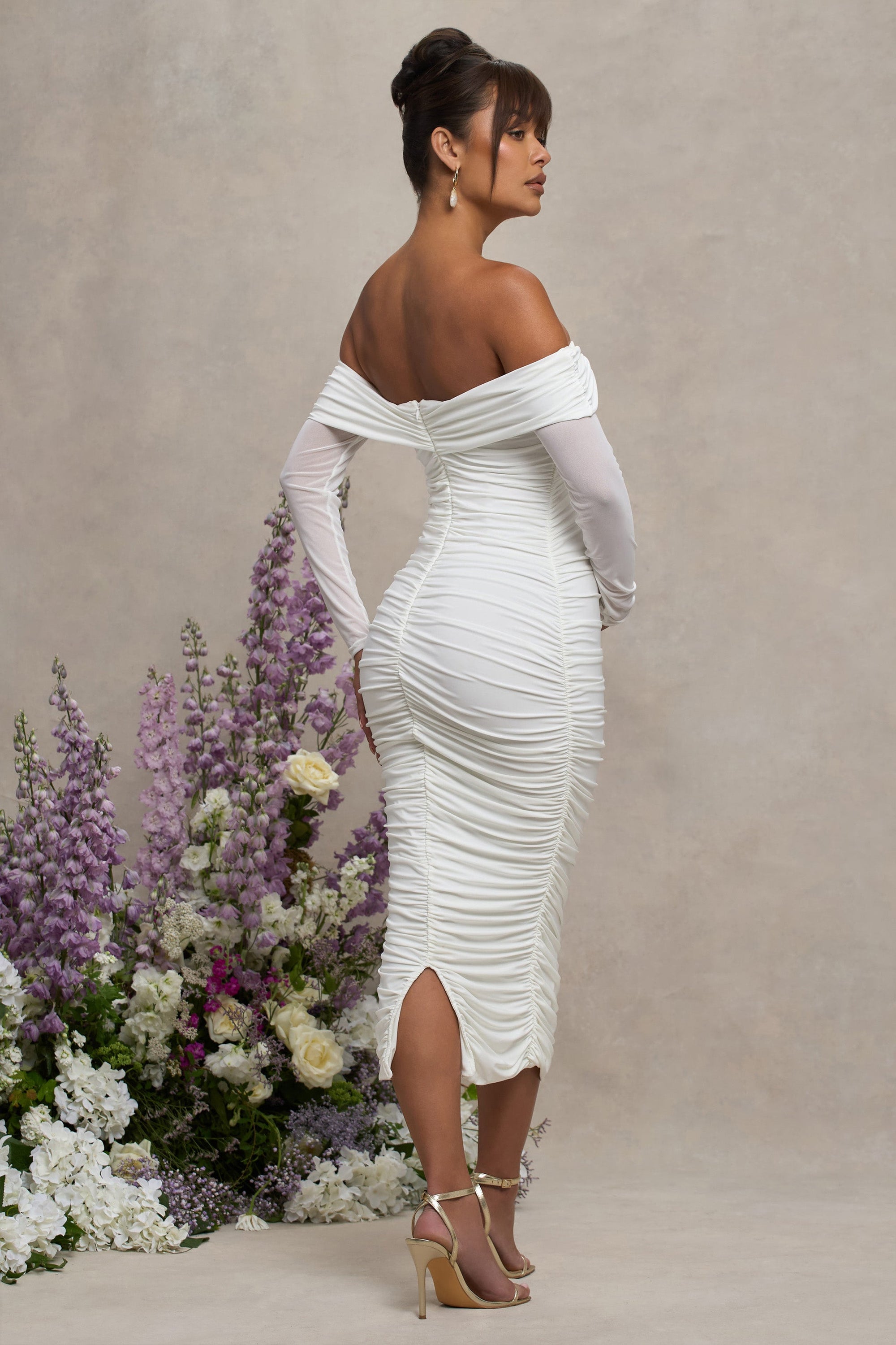 Neva | White Bardot Twist Maternity Midi Dress - Club L London - USA