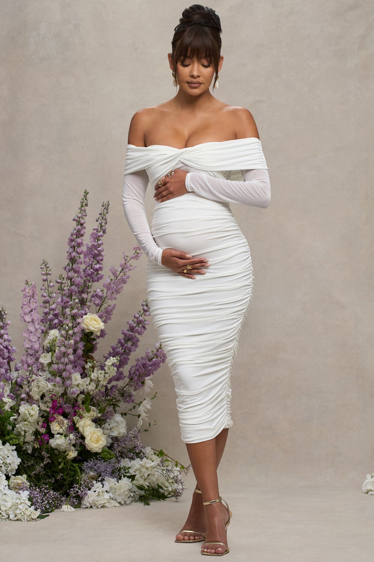 Neva | White Bardot Twist Maternity Midi Dress - UK 12 White Neva | White Bardot Twist Maternity Midi Dress - UK 12 White