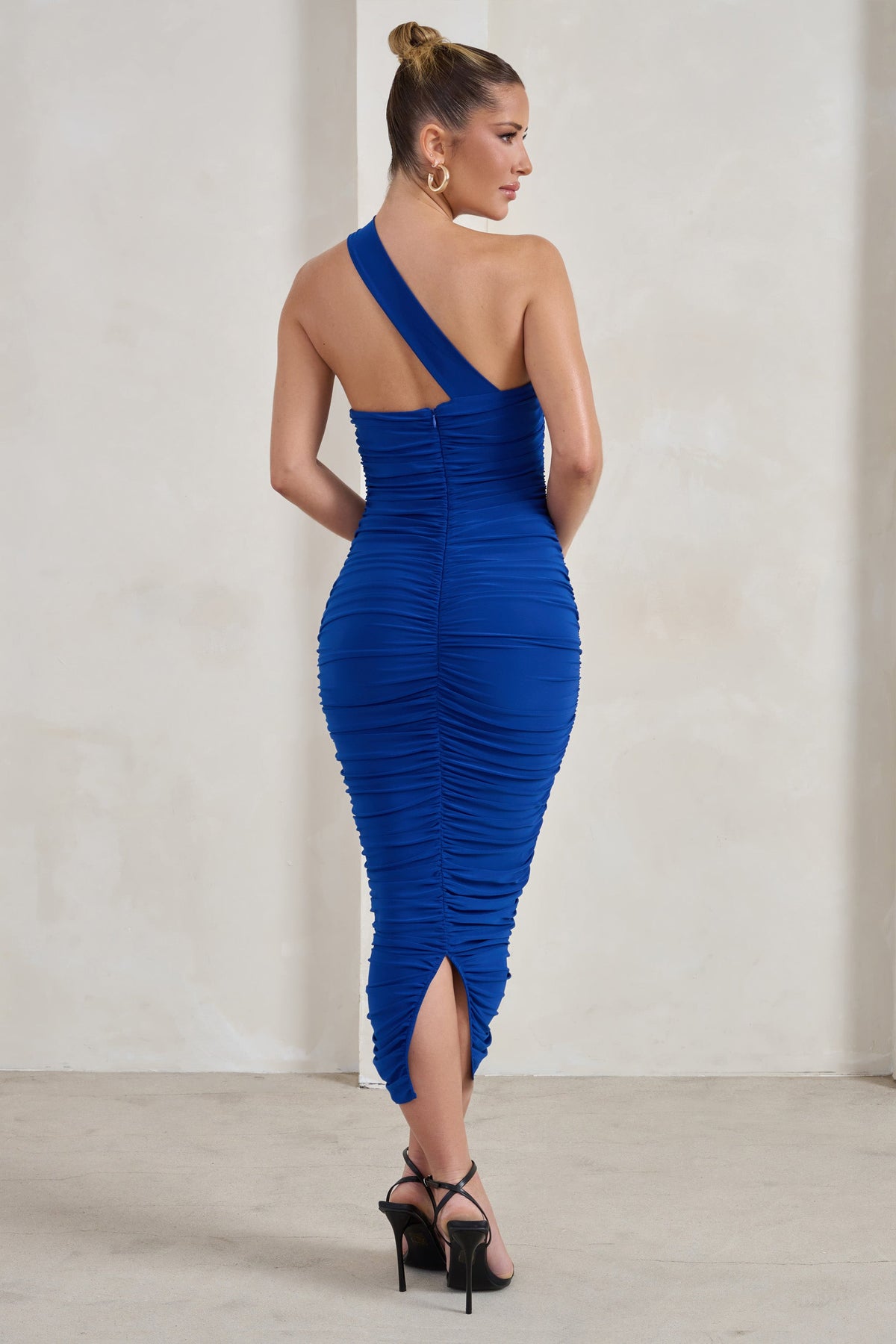 Connie | Cobalt Blue Ruched Asymmetric Neckline Midi Dress