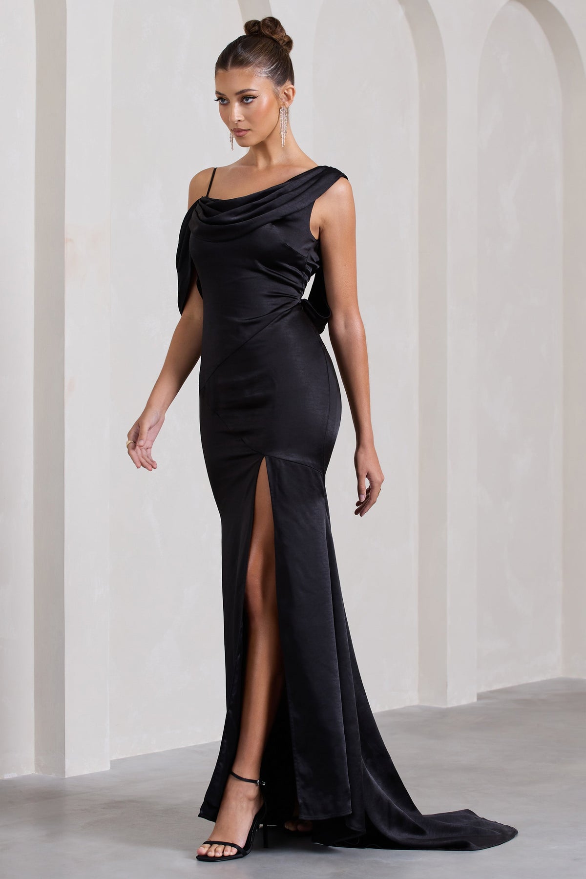 Jayne | Black Satin Asymmetric Draped Split Maxi Dress